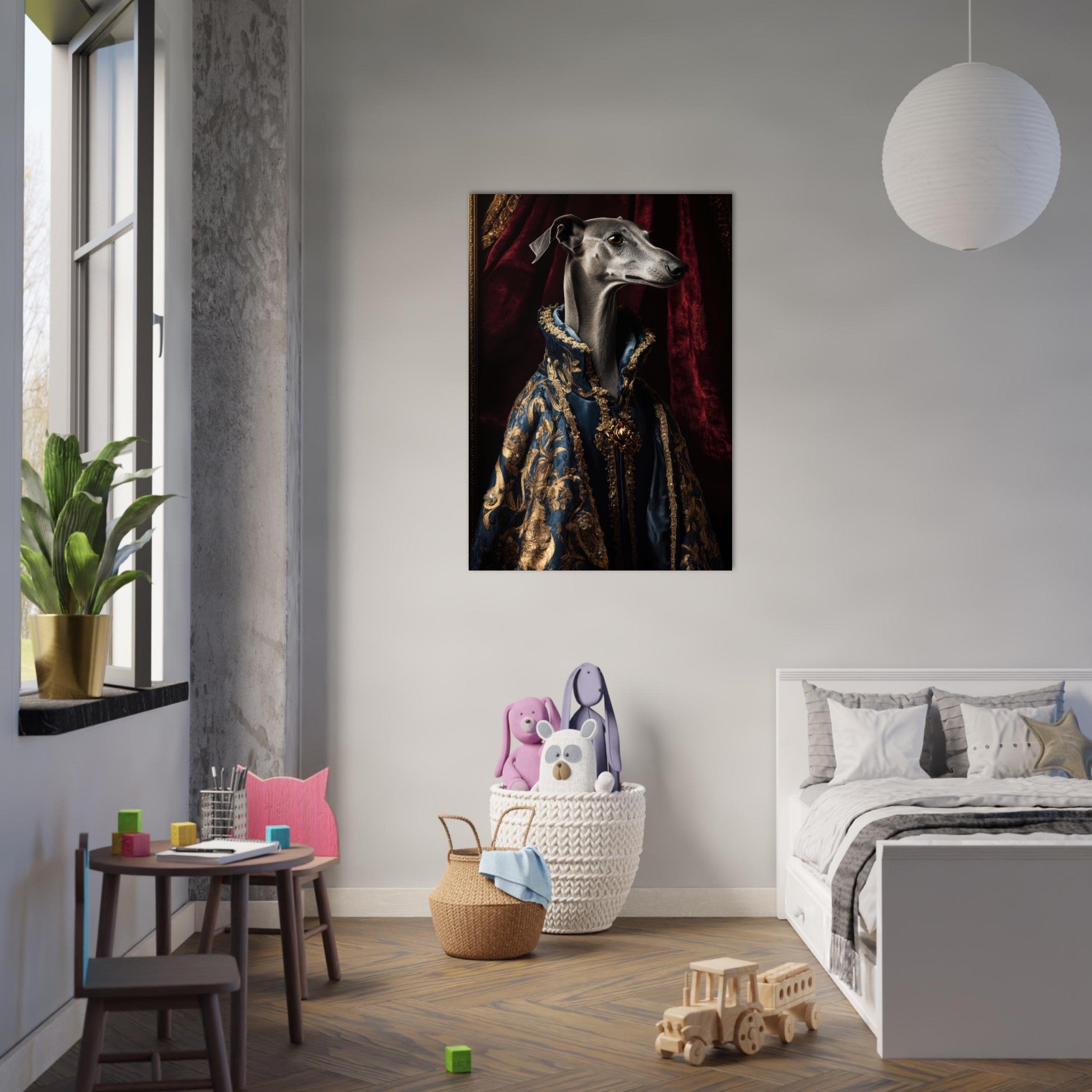Aluminum Print Portrait - Elegant Baroque Greyhound Portrait A sleek grey 2 - Shop Ai Art WebShop - Digital Art online Store