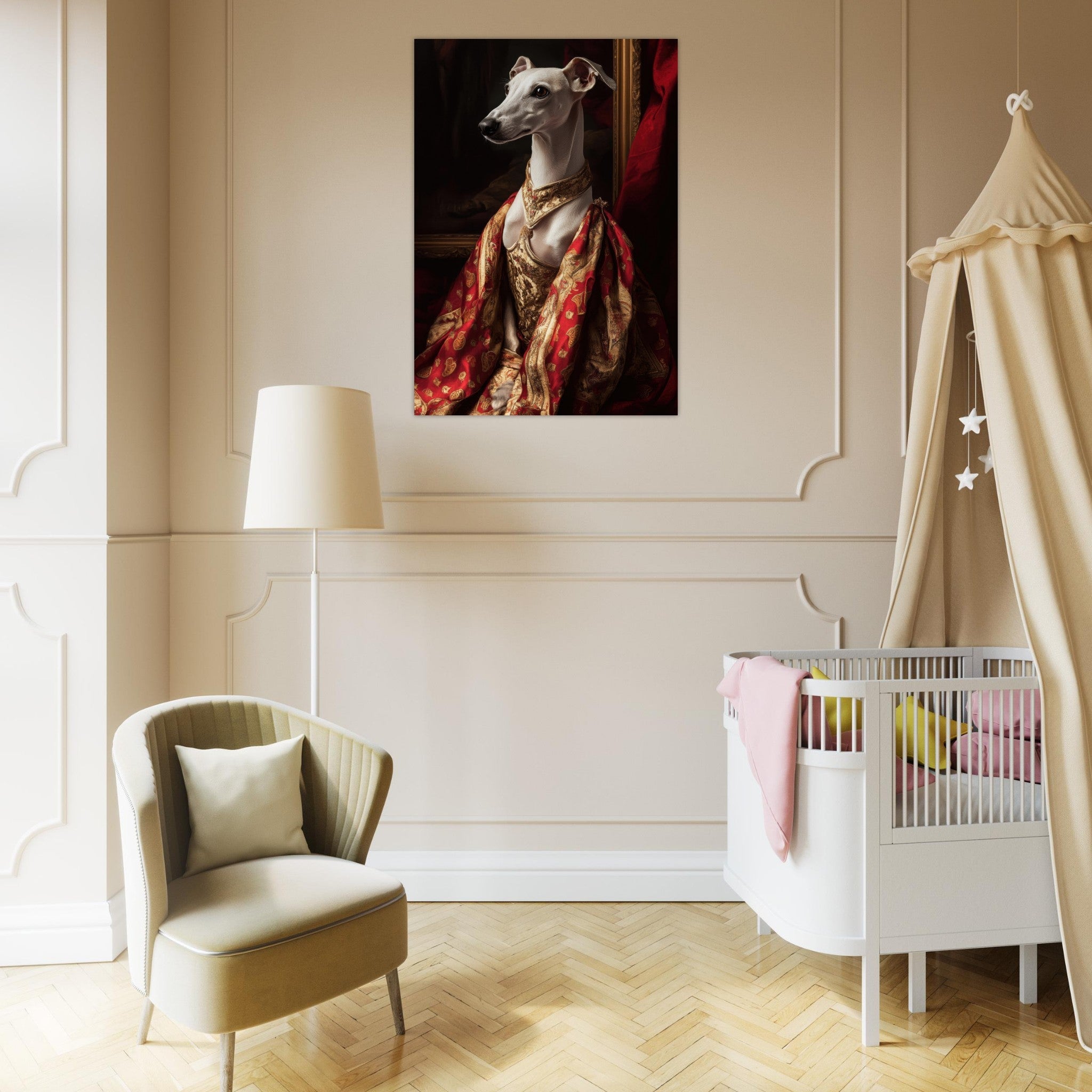 Aluminum Print Portrait - Elegant Baroque Greyhound Portrait A sleek grey - Shop Ai Art WebShop - Digital Art online Store