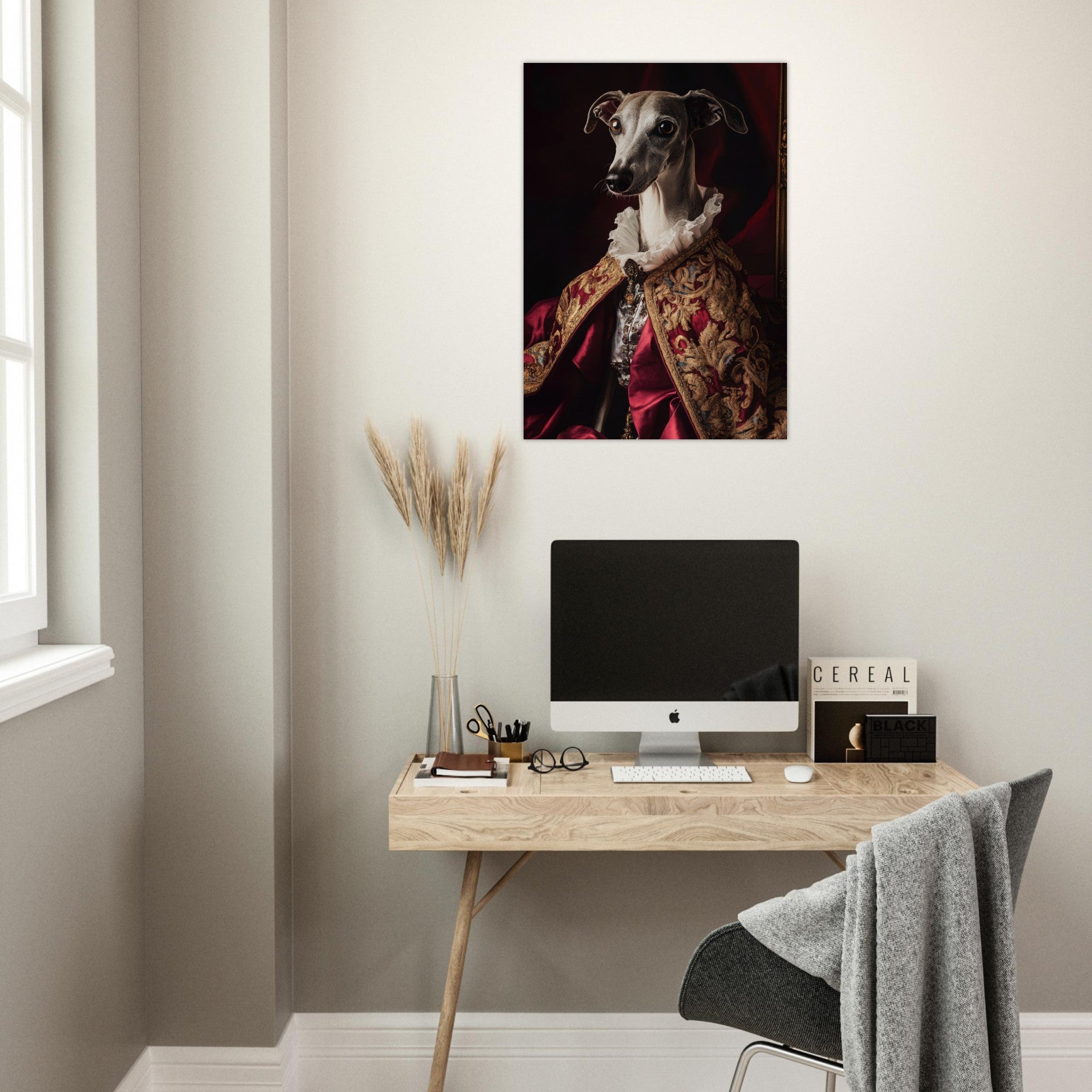 Aluminum Print Portrait - Elegant Baroque Greyhound Portrait A sleek grey 3 - Shop Ai Art WebShop - Digital Art online Store