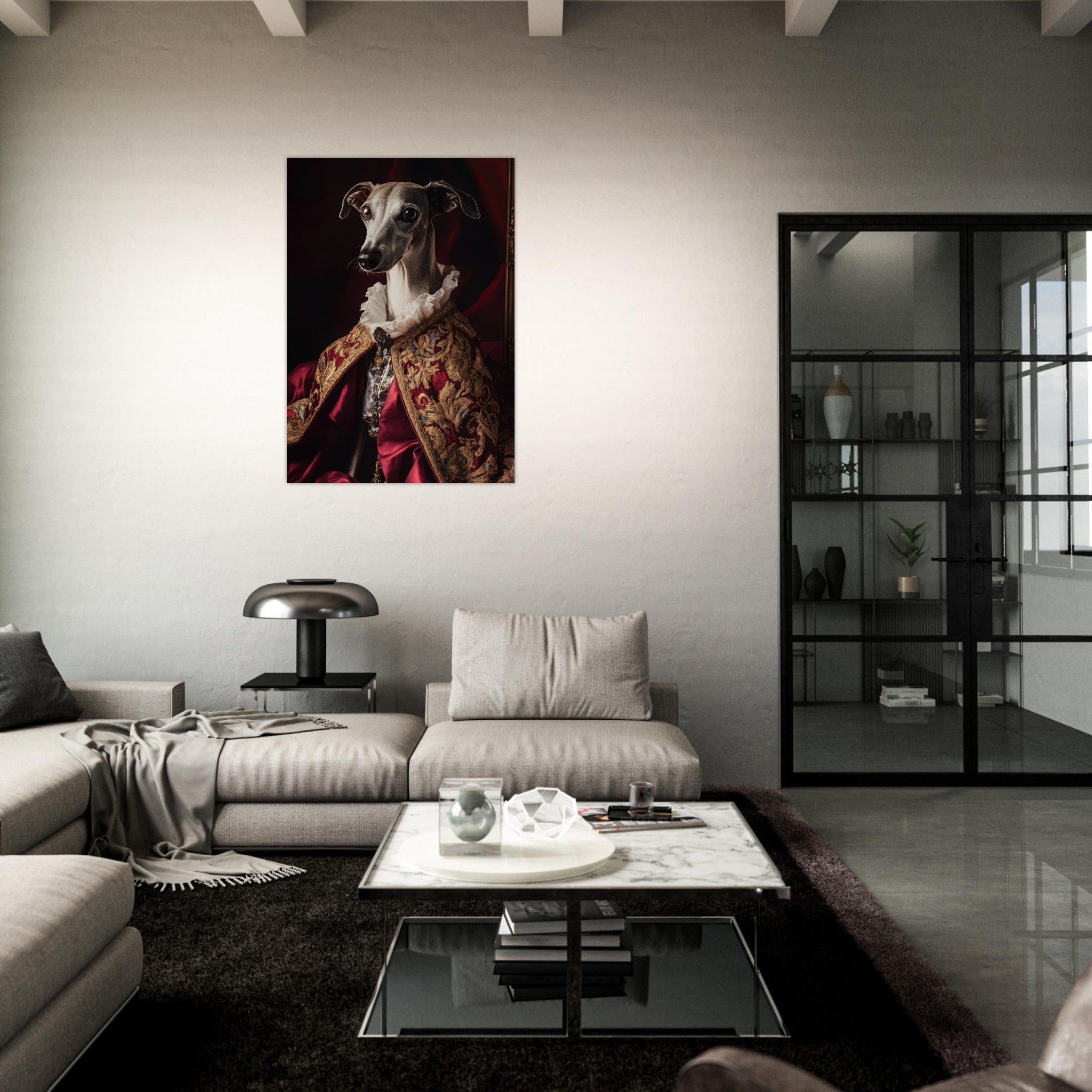 Aluminum Print Portrait - Elegant Baroque Greyhound Portrait A sleek grey 3 - Shop Ai Art WebShop - Digital Art online Store