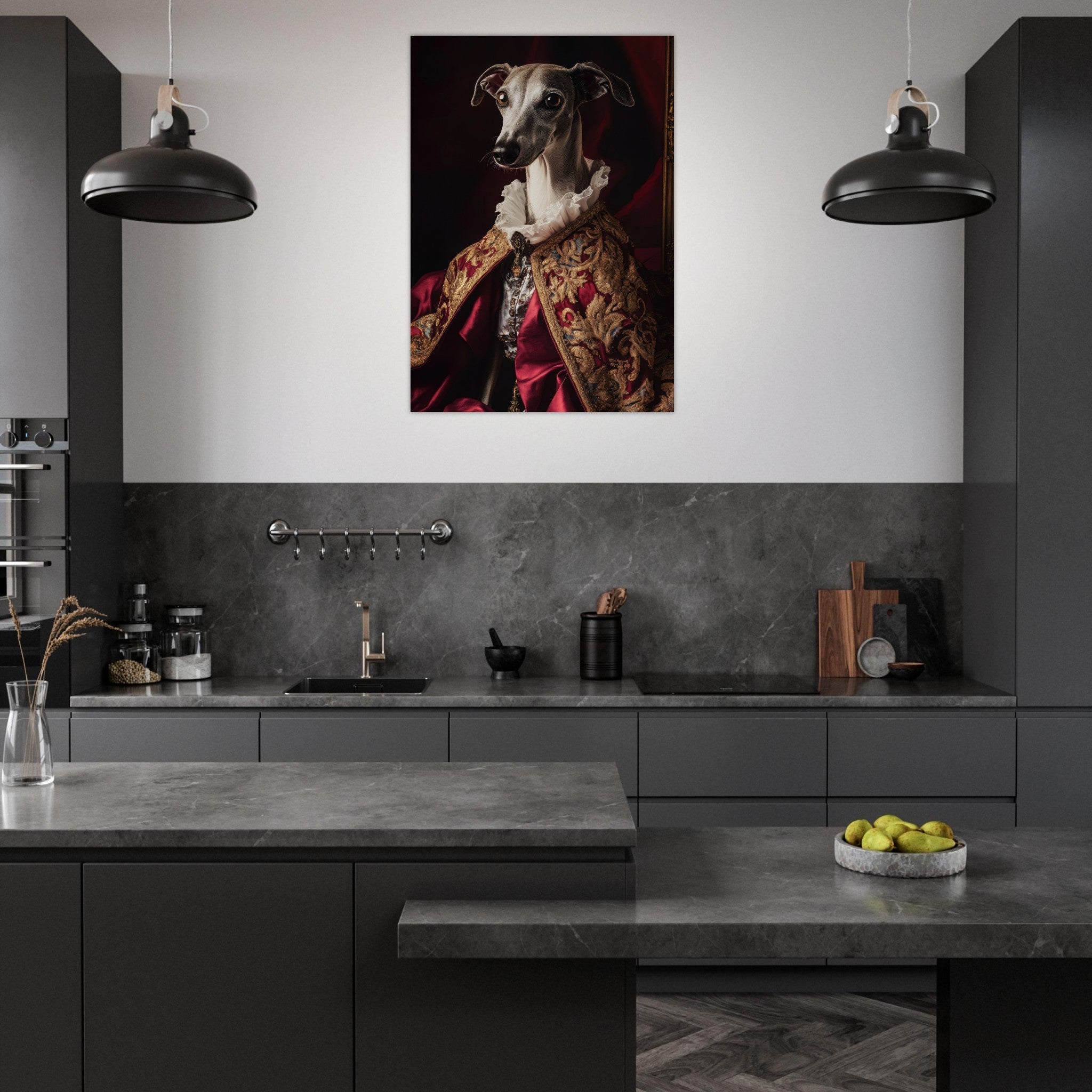 Aluminum Print Portrait - Elegant Baroque Greyhound Portrait A sleek grey 3 - Shop Ai Art WebShop - Digital Art online Store