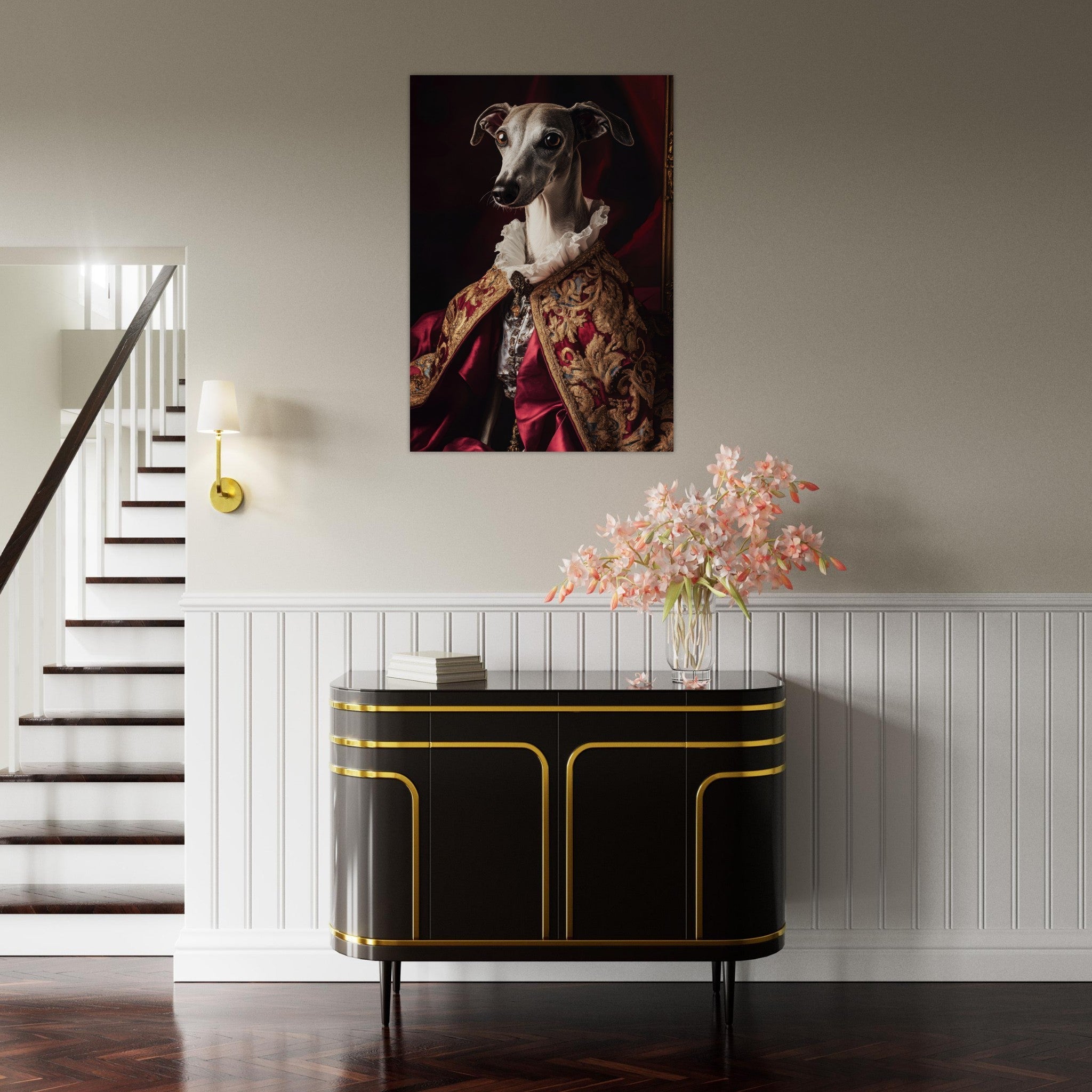 Aluminum Print Portrait - Elegant Baroque Greyhound Portrait A sleek grey 3 - Shop Ai Art WebShop - Digital Art online Store
