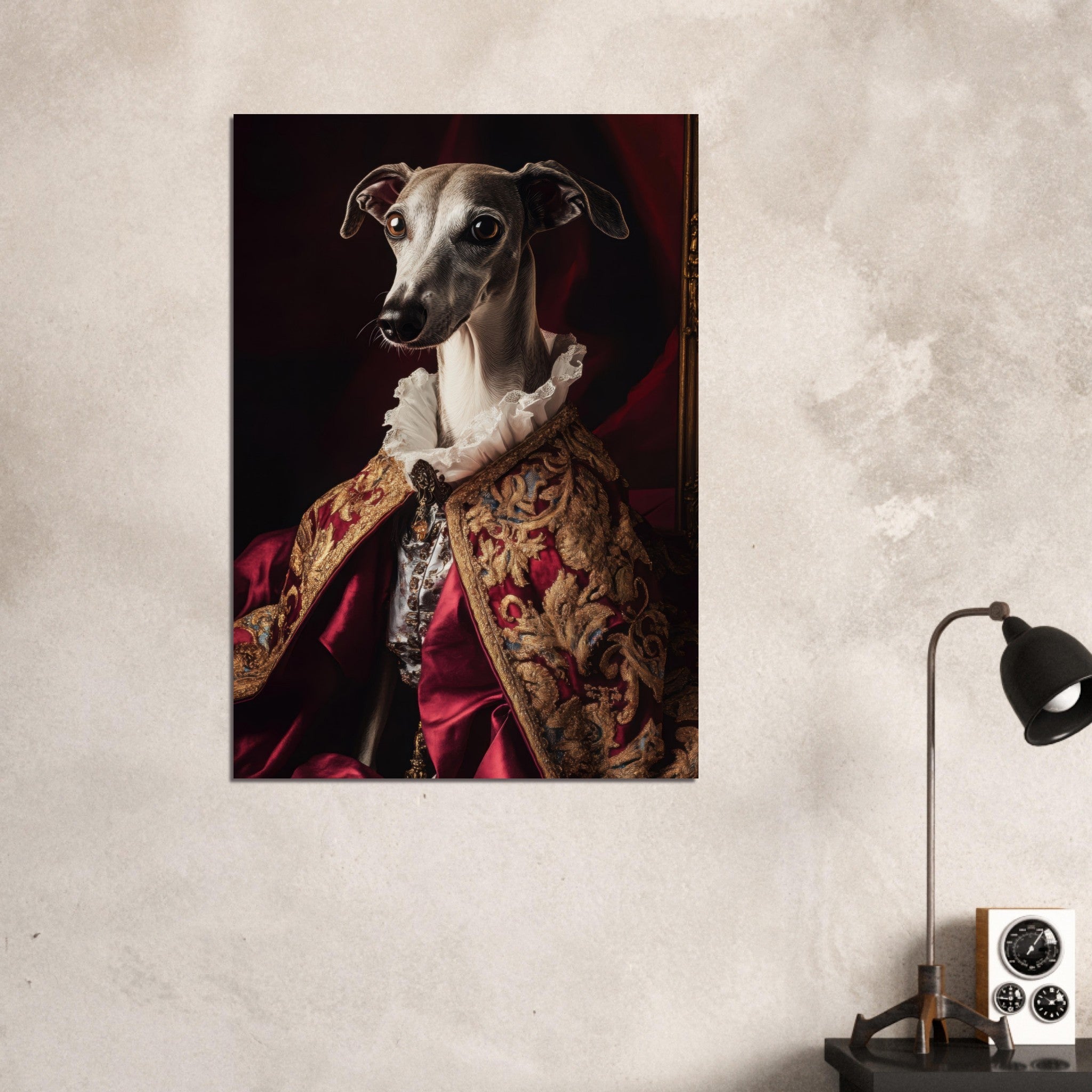 Aluminum Print Portrait - Elegant Baroque Greyhound Portrait A sleek grey 3 - Shop Ai Art WebShop - Digital Art online Store