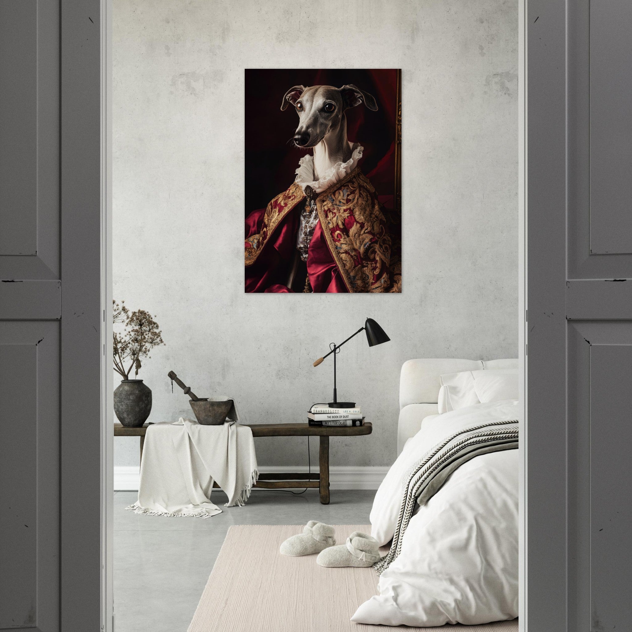 Aluminum Print Portrait - Elegant Baroque Greyhound Portrait A sleek grey 3 - Shop Ai Art WebShop - Digital Art online Store