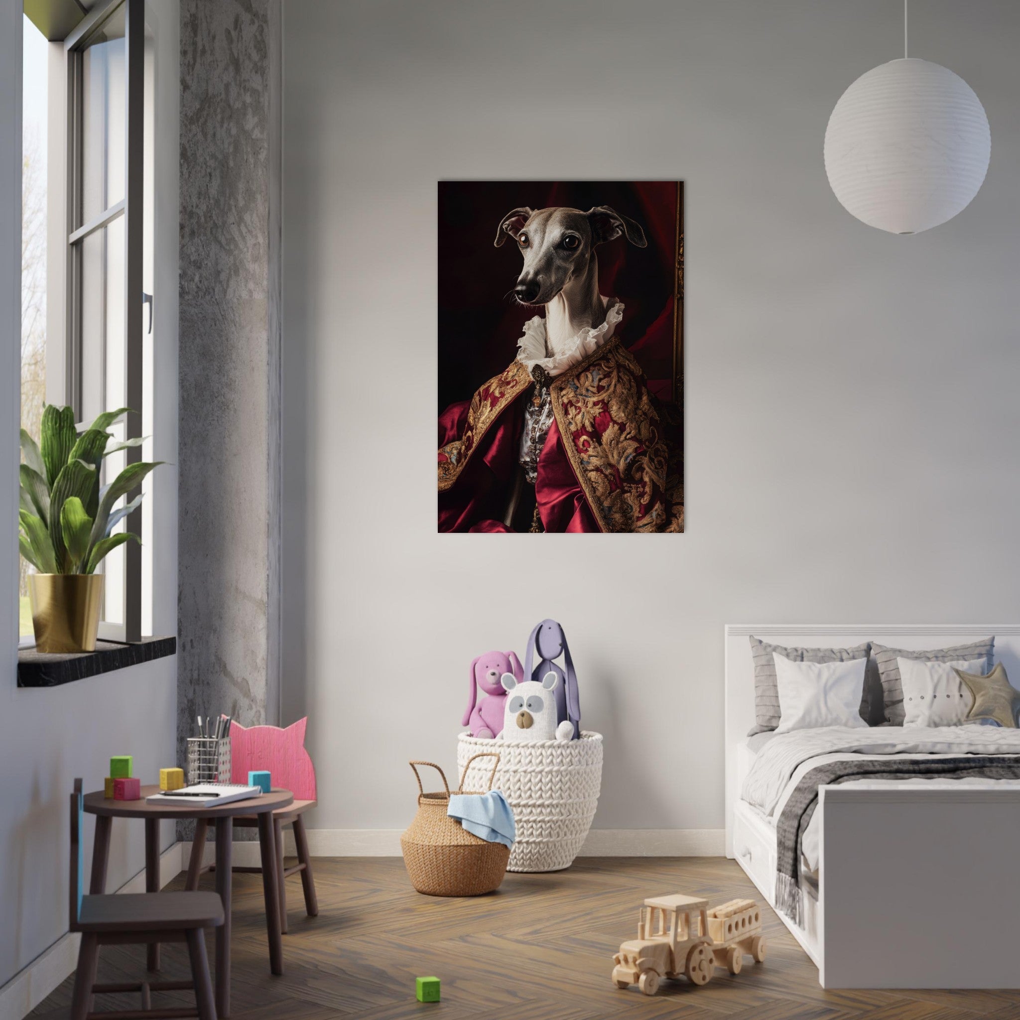 Aluminum Print Portrait - Elegant Baroque Greyhound Portrait A sleek grey 3 - Shop Ai Art WebShop - Digital Art online Store