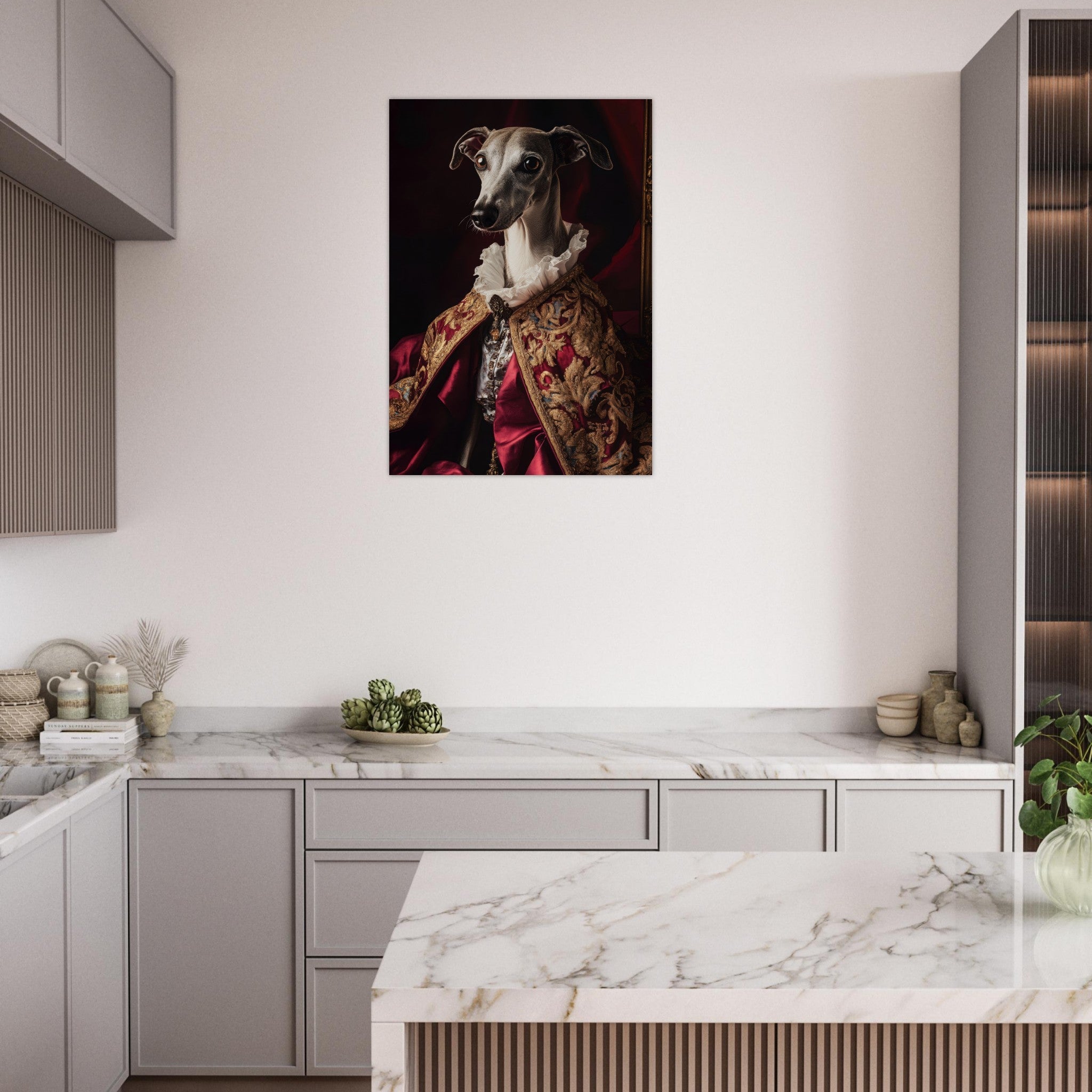 Aluminum Print Portrait - Elegant Baroque Greyhound Portrait A sleek grey 3 - Shop Ai Art WebShop - Digital Art online Store