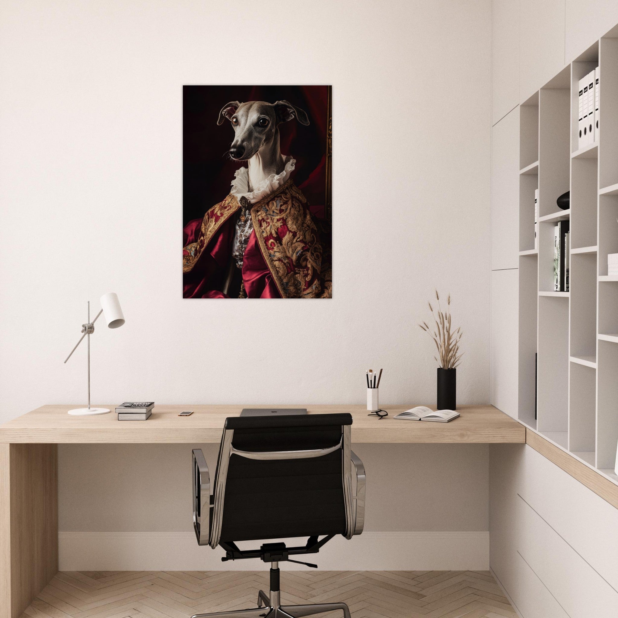 Aluminum Print Portrait - Elegant Baroque Greyhound Portrait A sleek grey 3 - Shop Ai Art WebShop - Digital Art online Store