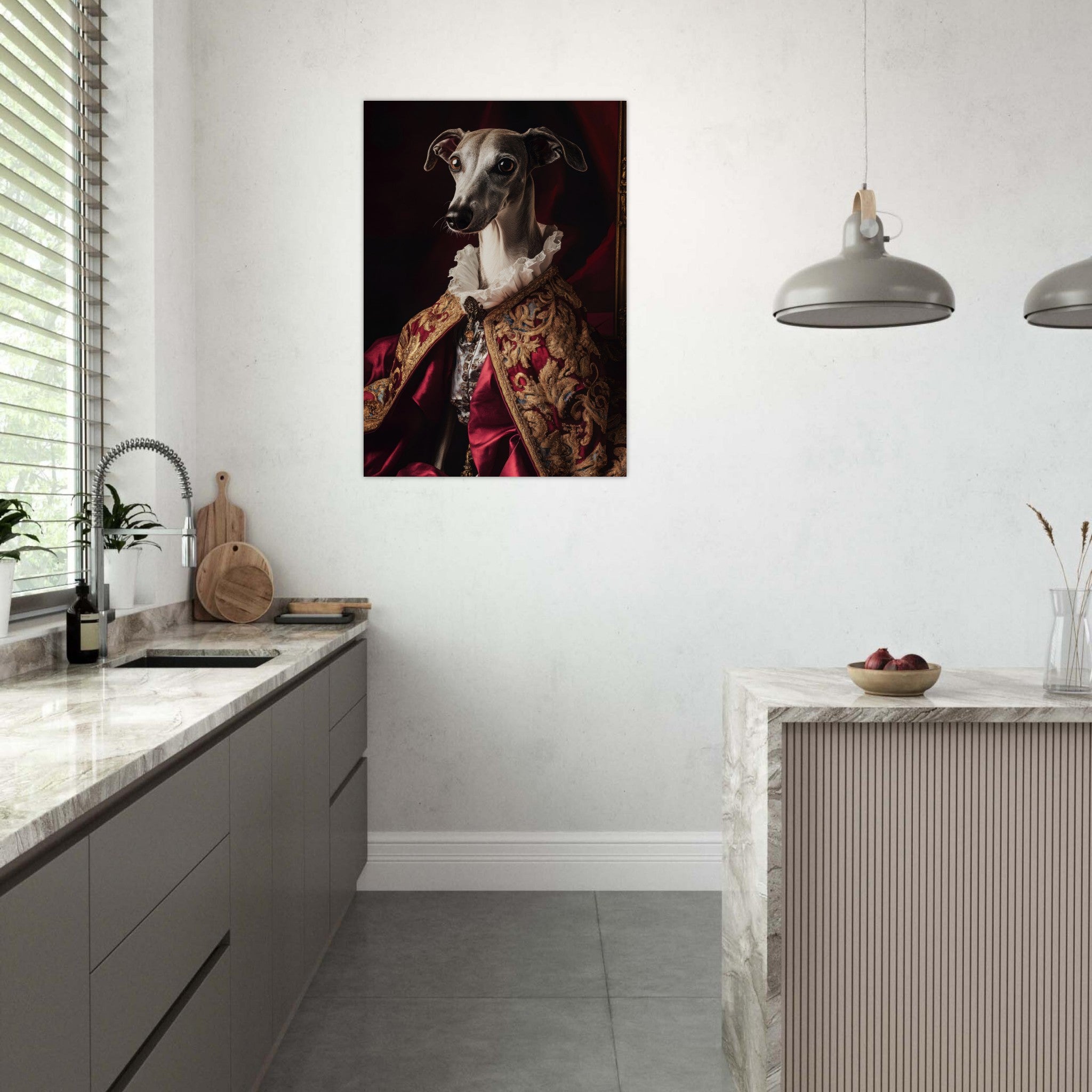 Aluminum Print Portrait - Elegant Baroque Greyhound Portrait A sleek grey 3 - Shop Ai Art WebShop - Digital Art online Store