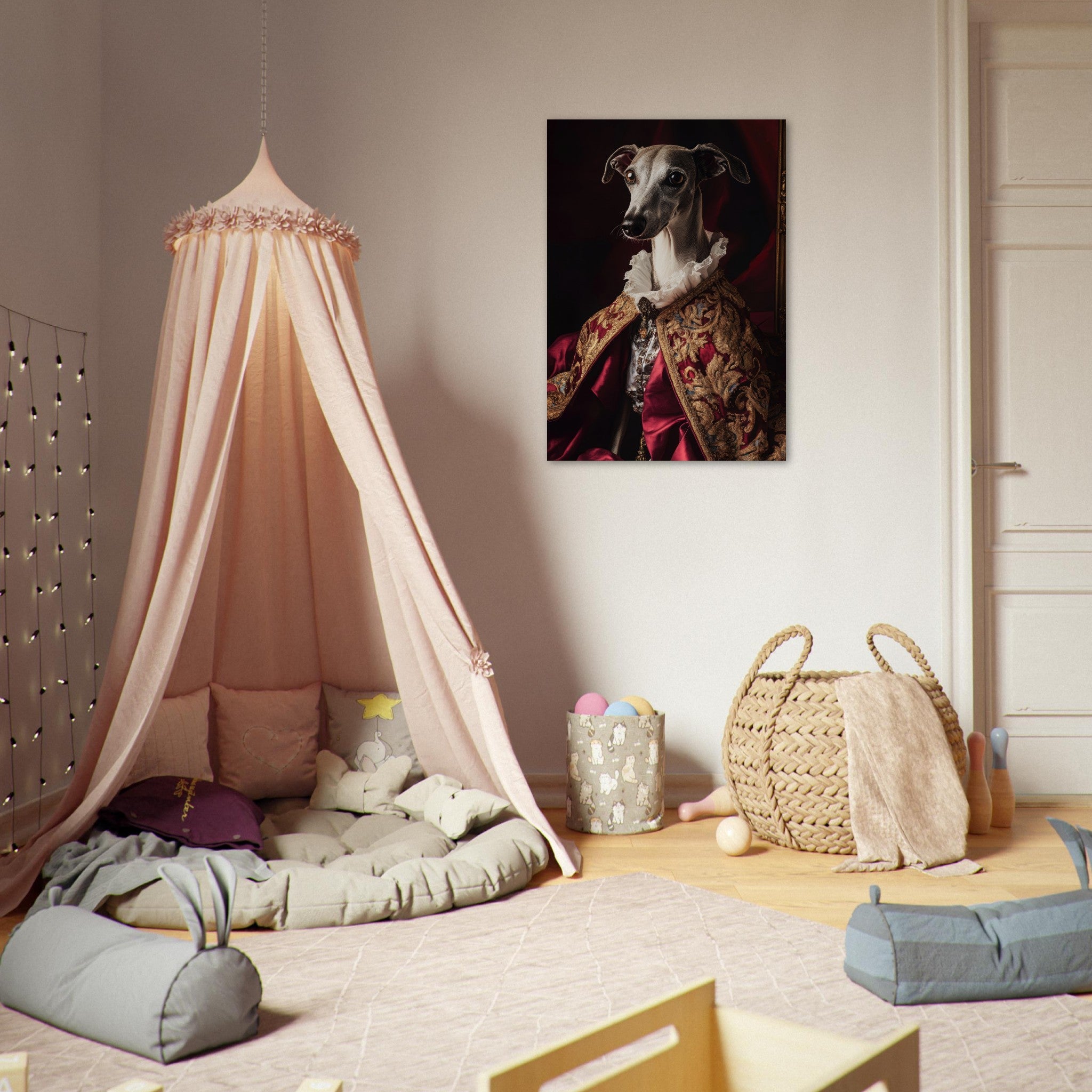 Aluminum Print Portrait - Elegant Baroque Greyhound Portrait A sleek grey 3 - Shop Ai Art WebShop - Digital Art online Store