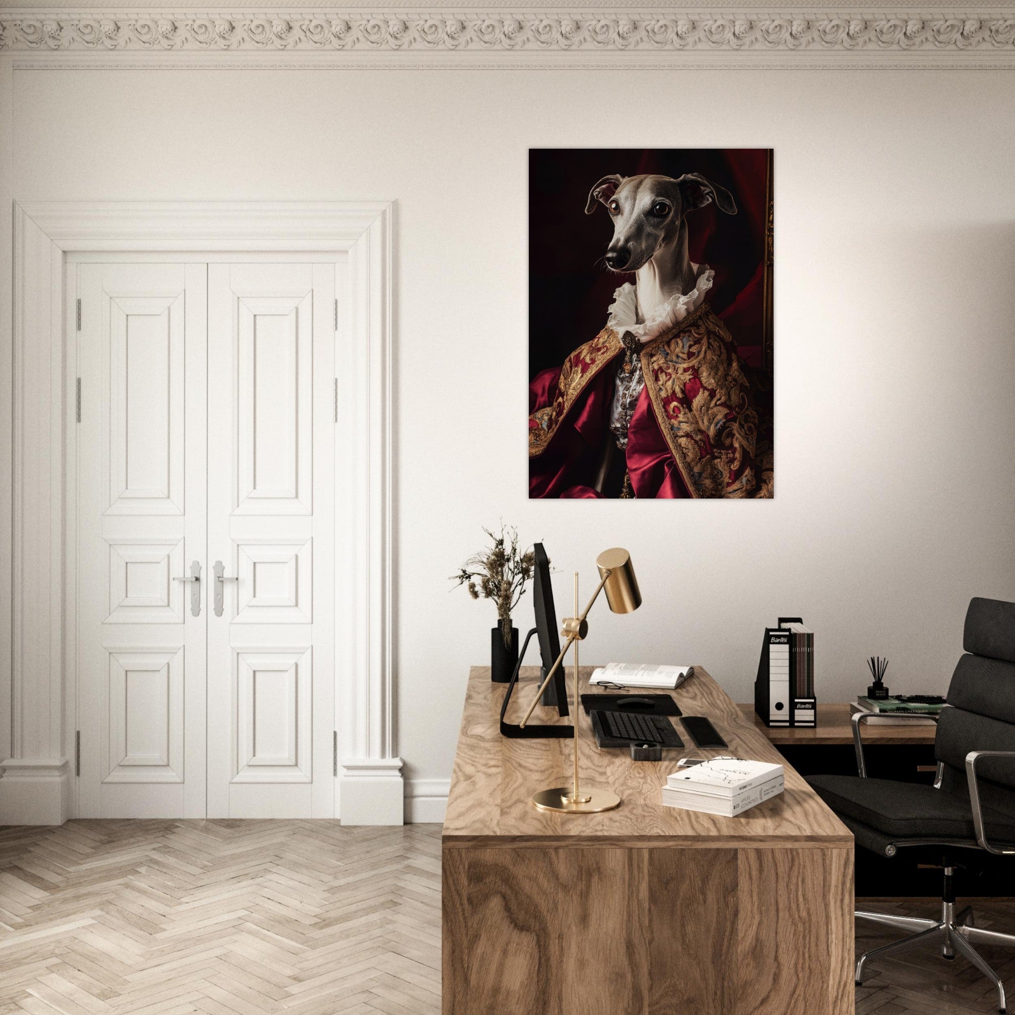Aluminum Print Portrait - Elegant Baroque Greyhound Portrait A sleek grey 3 - Shop Ai Art WebShop - Digital Art online Store