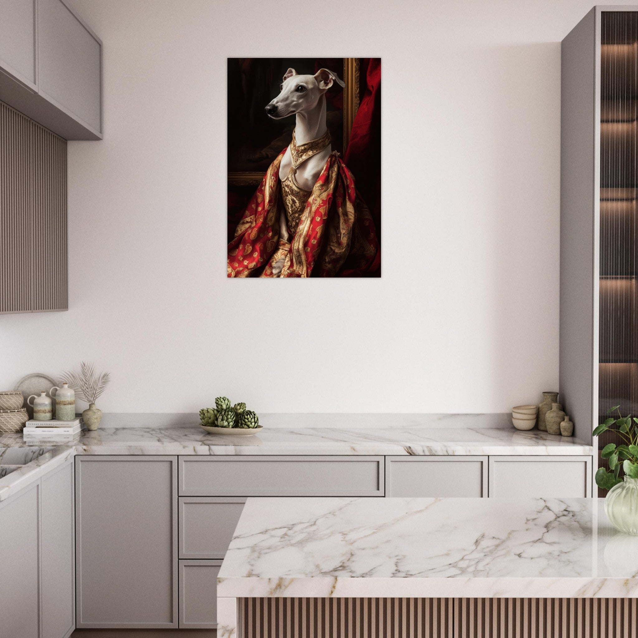 Aluminum Print Portrait - Elegant Baroque Greyhound Portrait A sleek grey - Shop Ai Art WebShop - Digital Art online Store