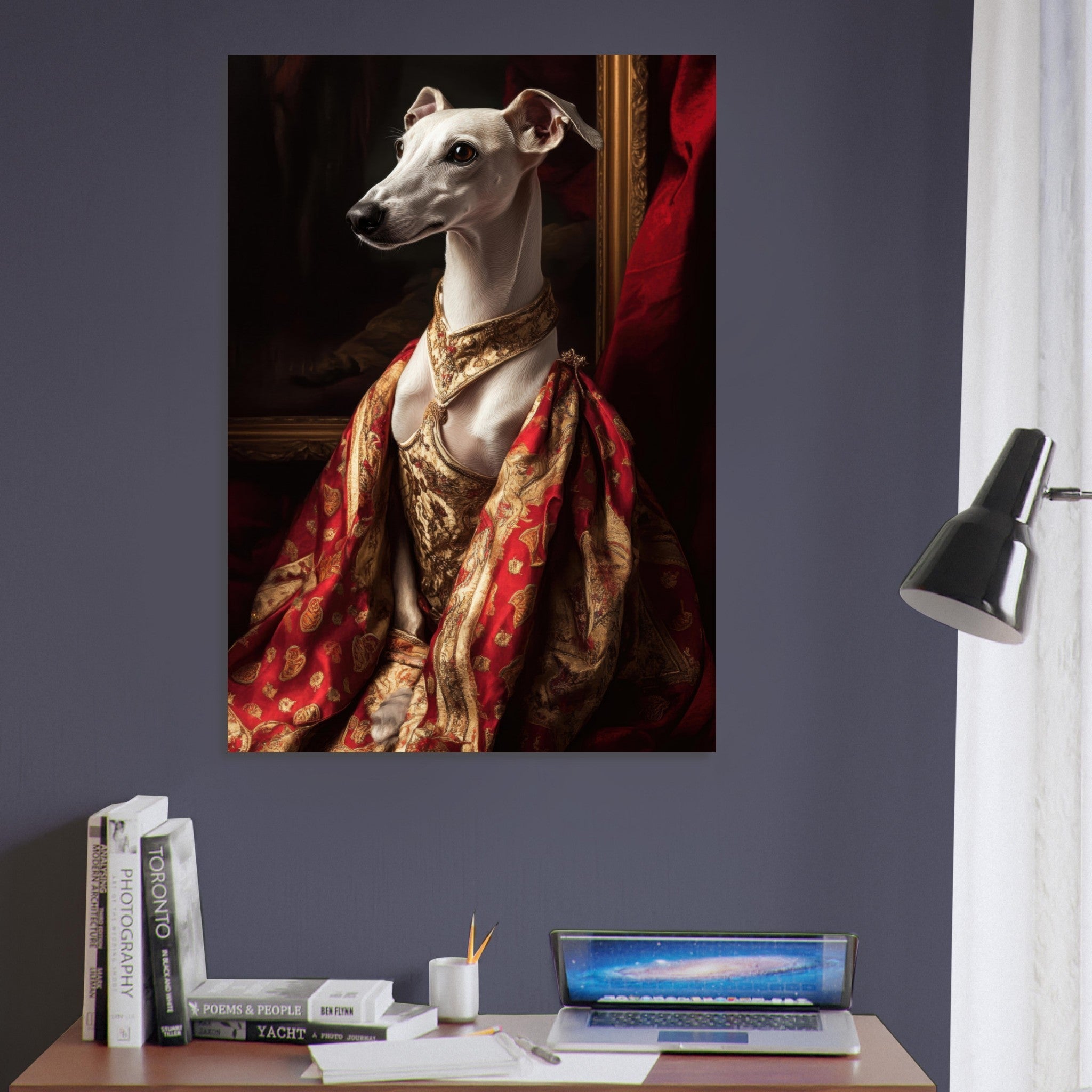 Aluminum Print Portrait - Elegant Baroque Greyhound Portrait A sleek grey - Shop Ai Art WebShop - Digital Art online Store