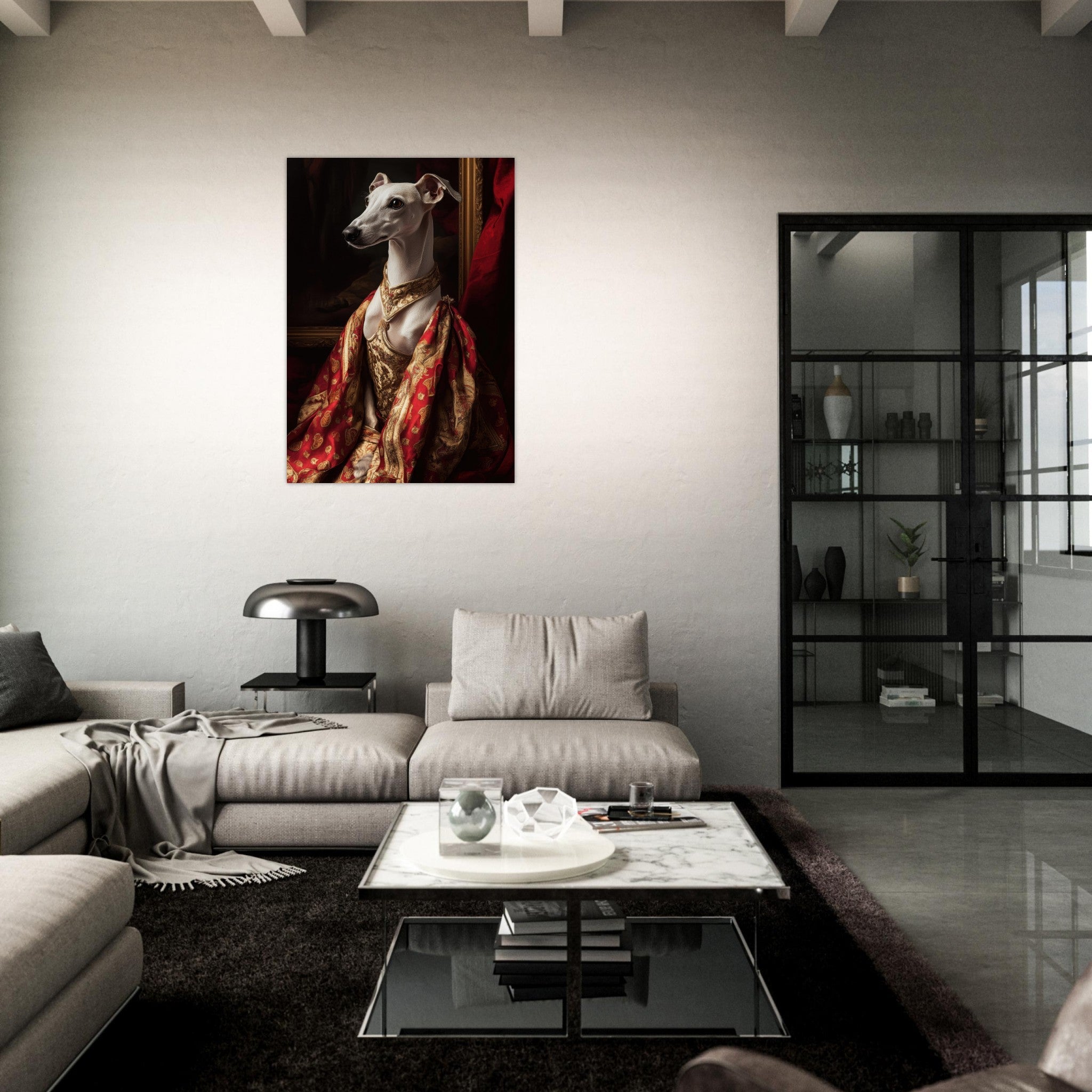 Aluminum Print Portrait - Elegant Baroque Greyhound Portrait A sleek grey - Shop Ai Art WebShop - Digital Art online Store