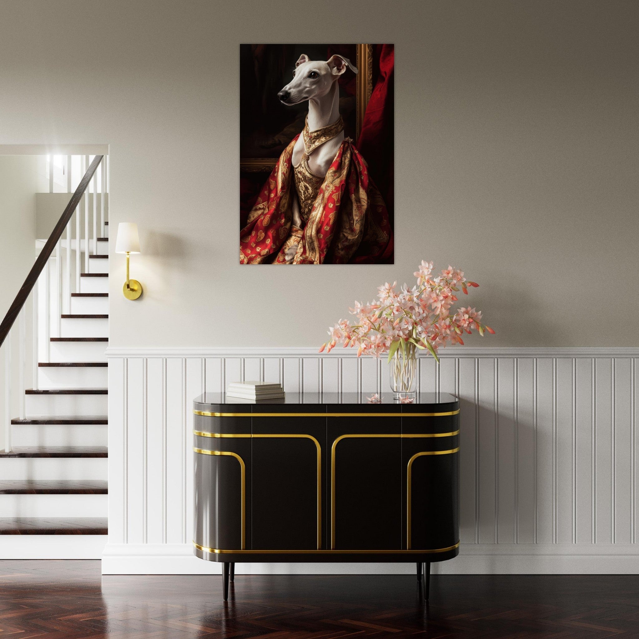 Aluminum Print Portrait - Elegant Baroque Greyhound Portrait A sleek grey - Shop Ai Art WebShop - Digital Art online Store