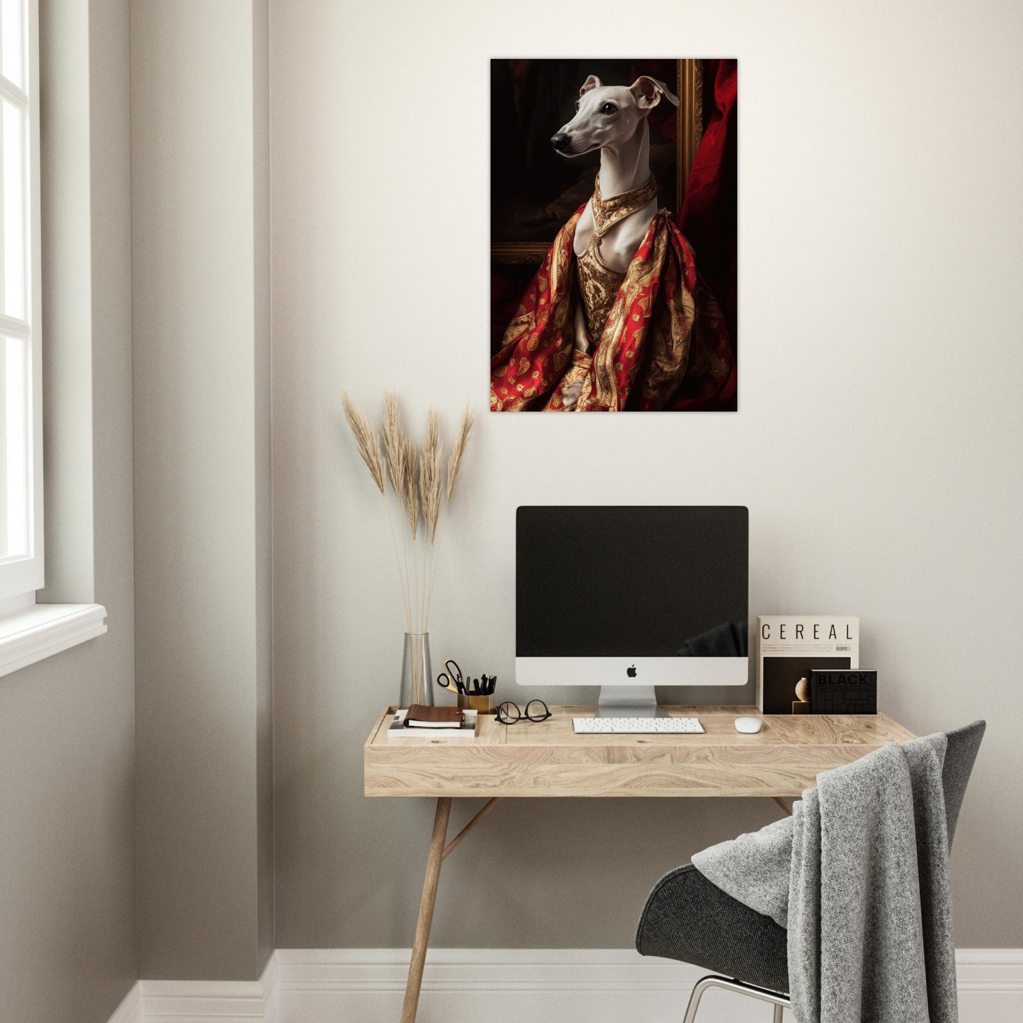 Aluminum Print Portrait - Elegant Baroque Greyhound Portrait A sleek grey - Shop Ai Art WebShop - Digital Art online Store