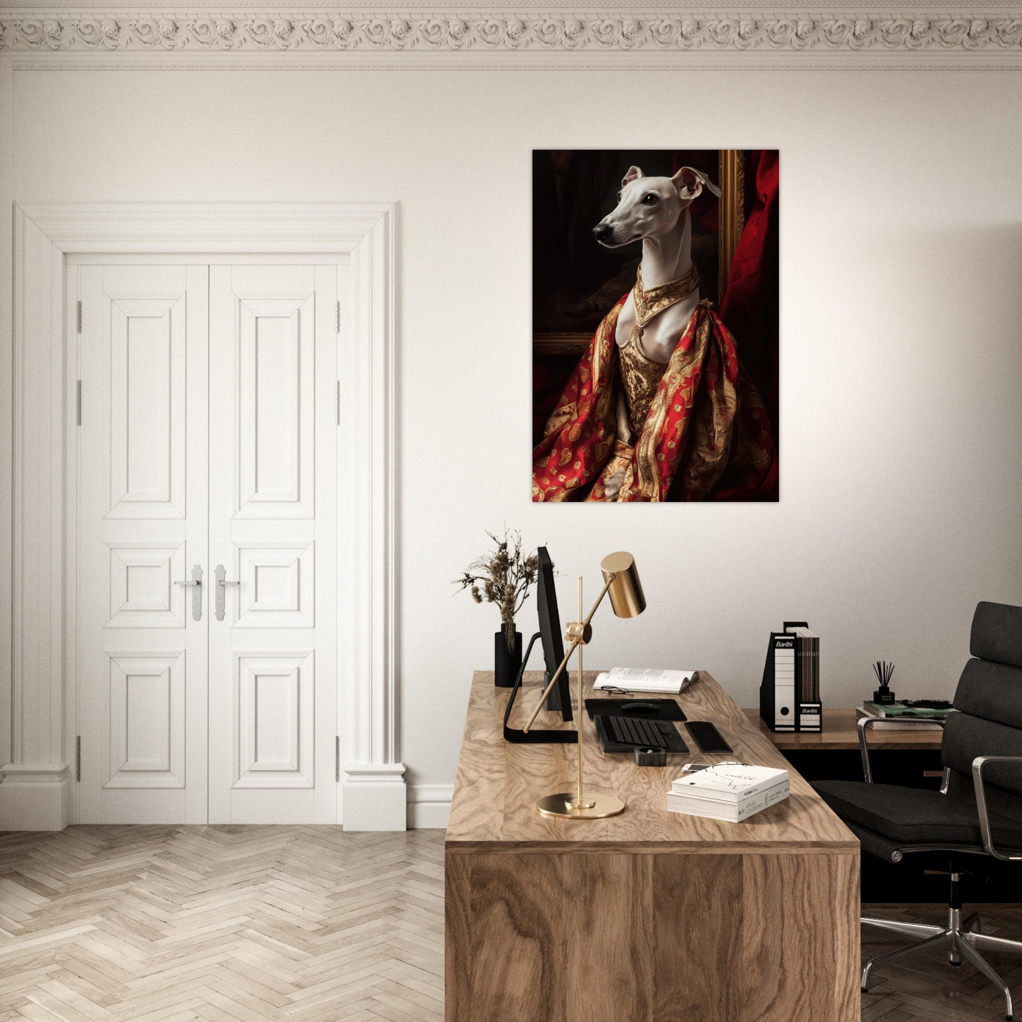 Aluminum Print Portrait - Elegant Baroque Greyhound Portrait A sleek grey - Shop Ai Art WebShop - Digital Art online Store