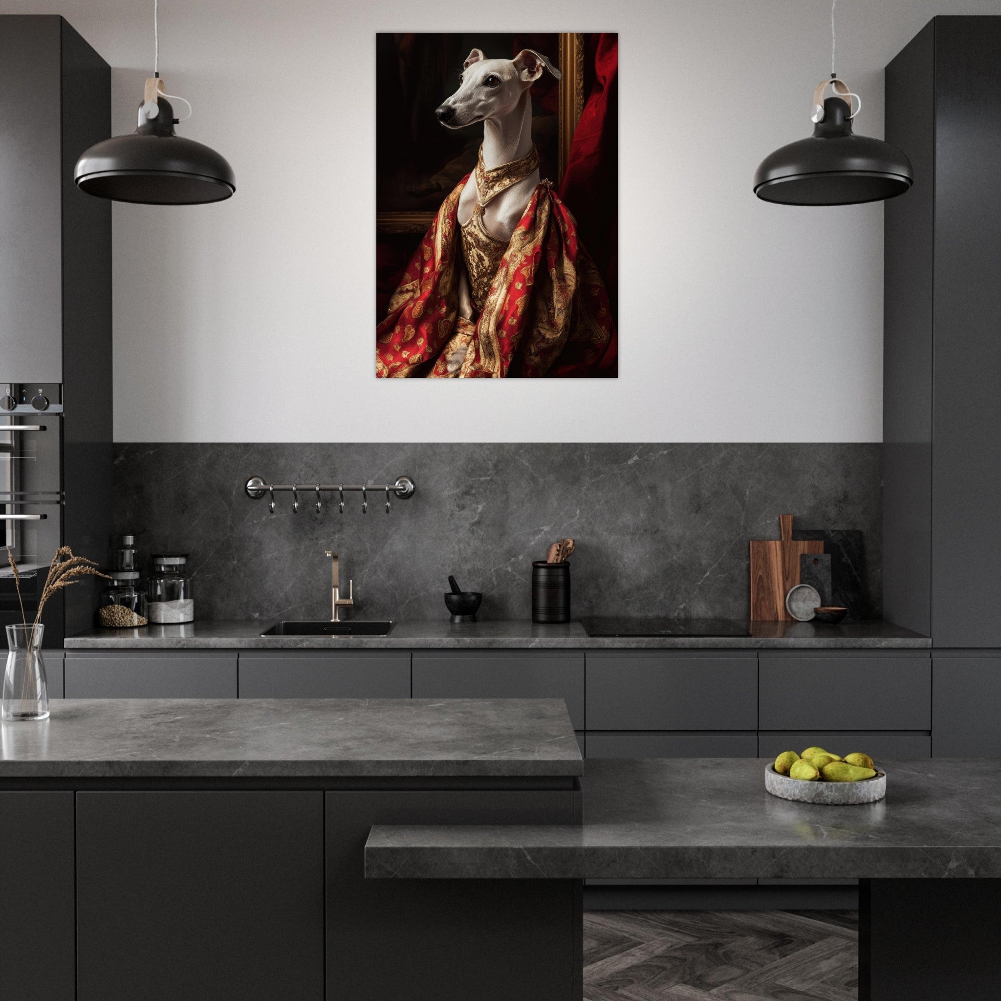 Aluminum Print Portrait - Elegant Baroque Greyhound Portrait A sleek grey - Shop Ai Art WebShop - Digital Art online Store