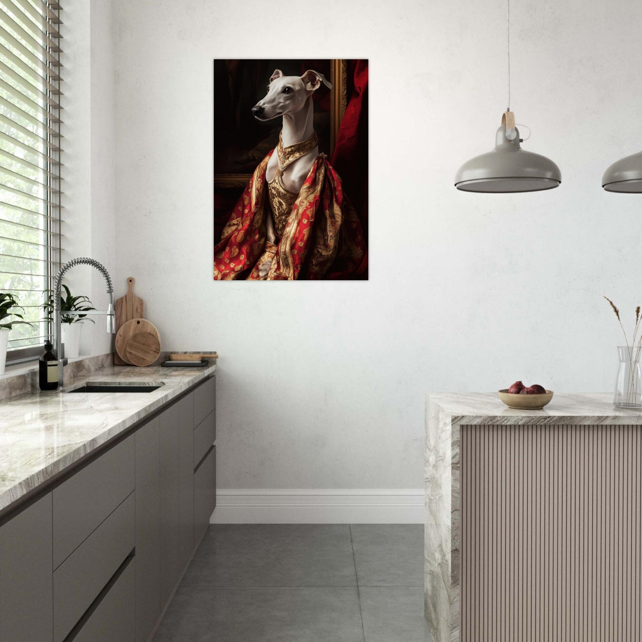 Aluminum Print Portrait - Elegant Baroque Greyhound Portrait A sleek grey - Shop Ai Art WebShop - Digital Art online Store