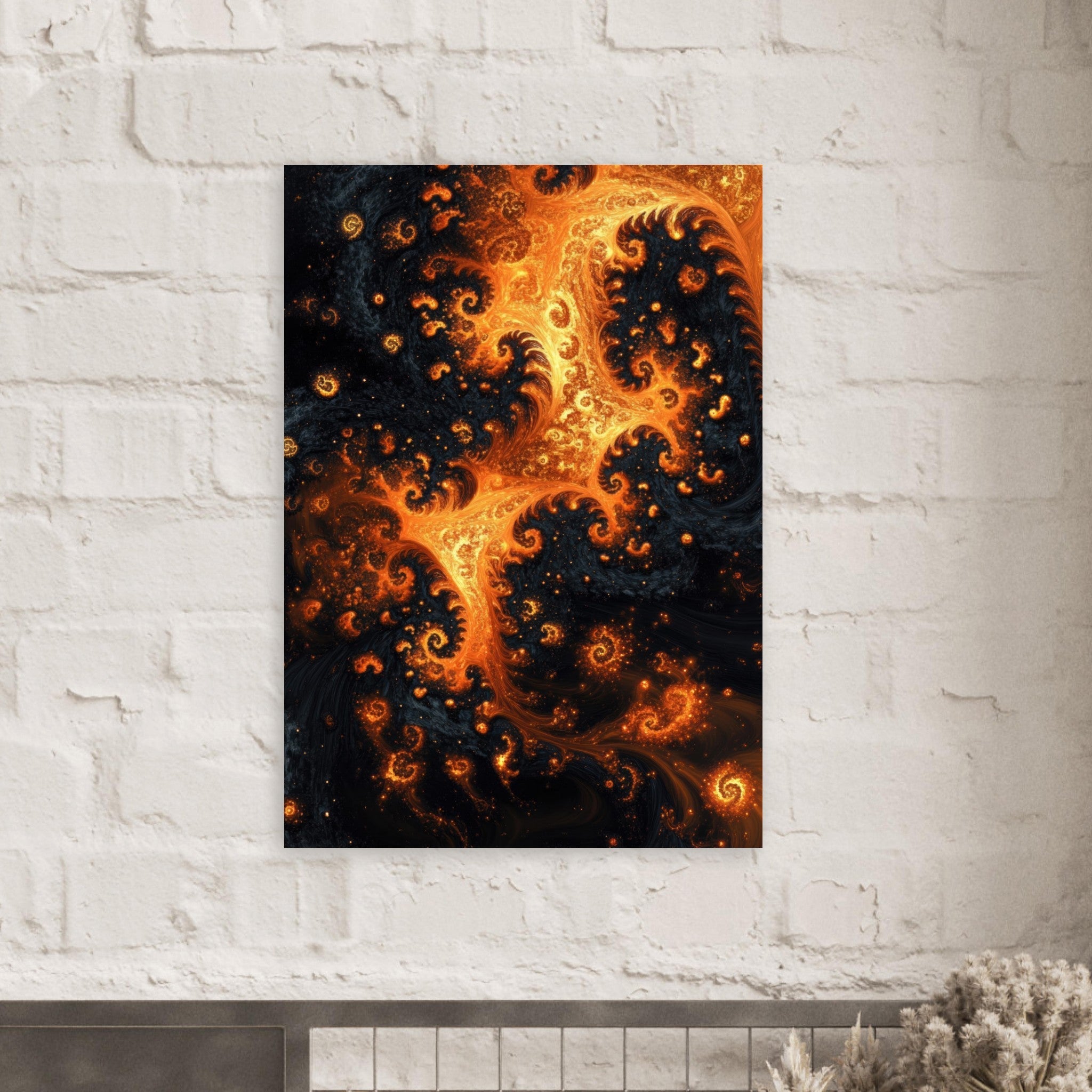 Aluminum Print Portrait - Ember Genesis A volatile burst of molten gold - Shop Ai Art WebShop - Digital Art online Store
