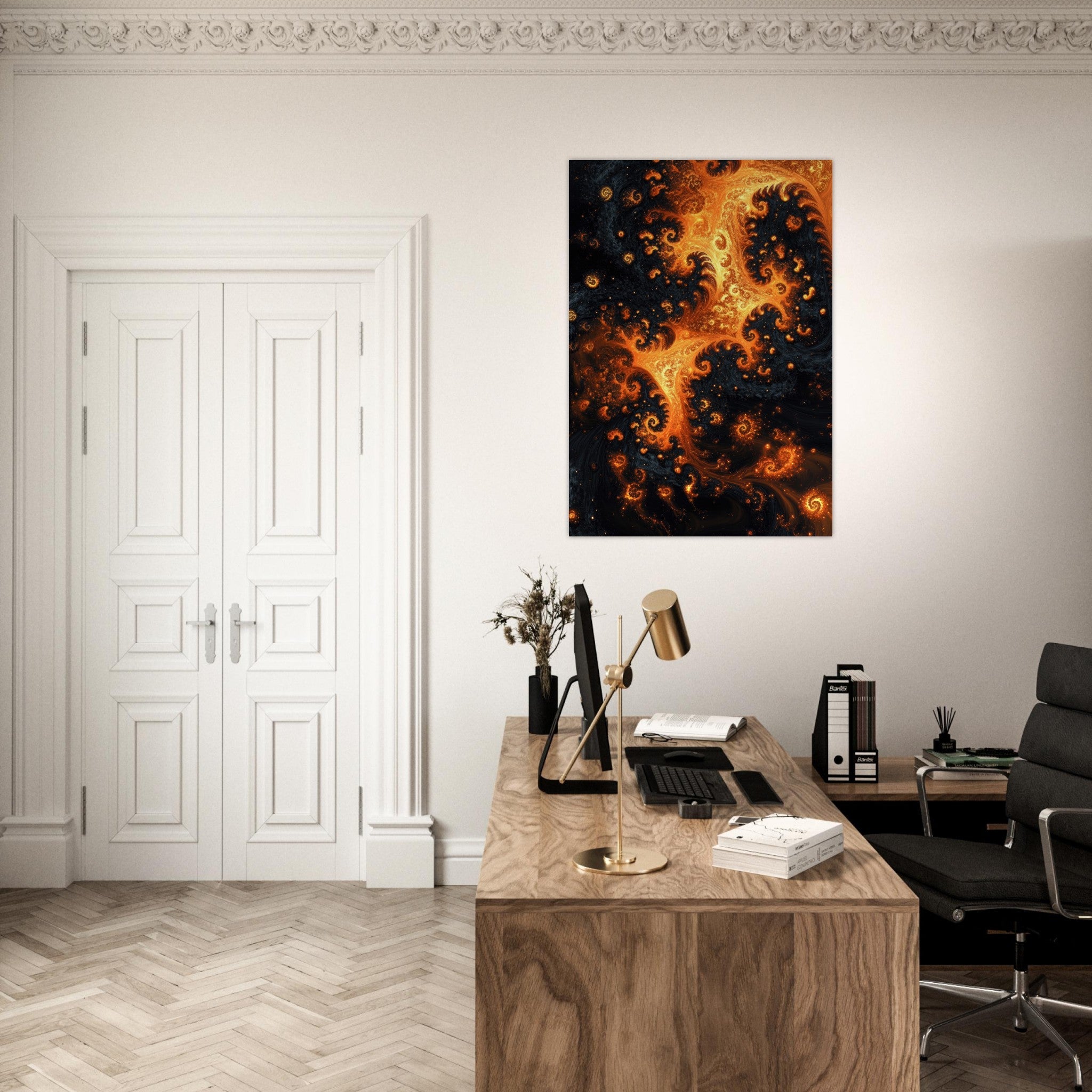 Aluminum Print Portrait - Ember Genesis A volatile burst of molten gold - Shop Ai Art WebShop - Digital Art online Store