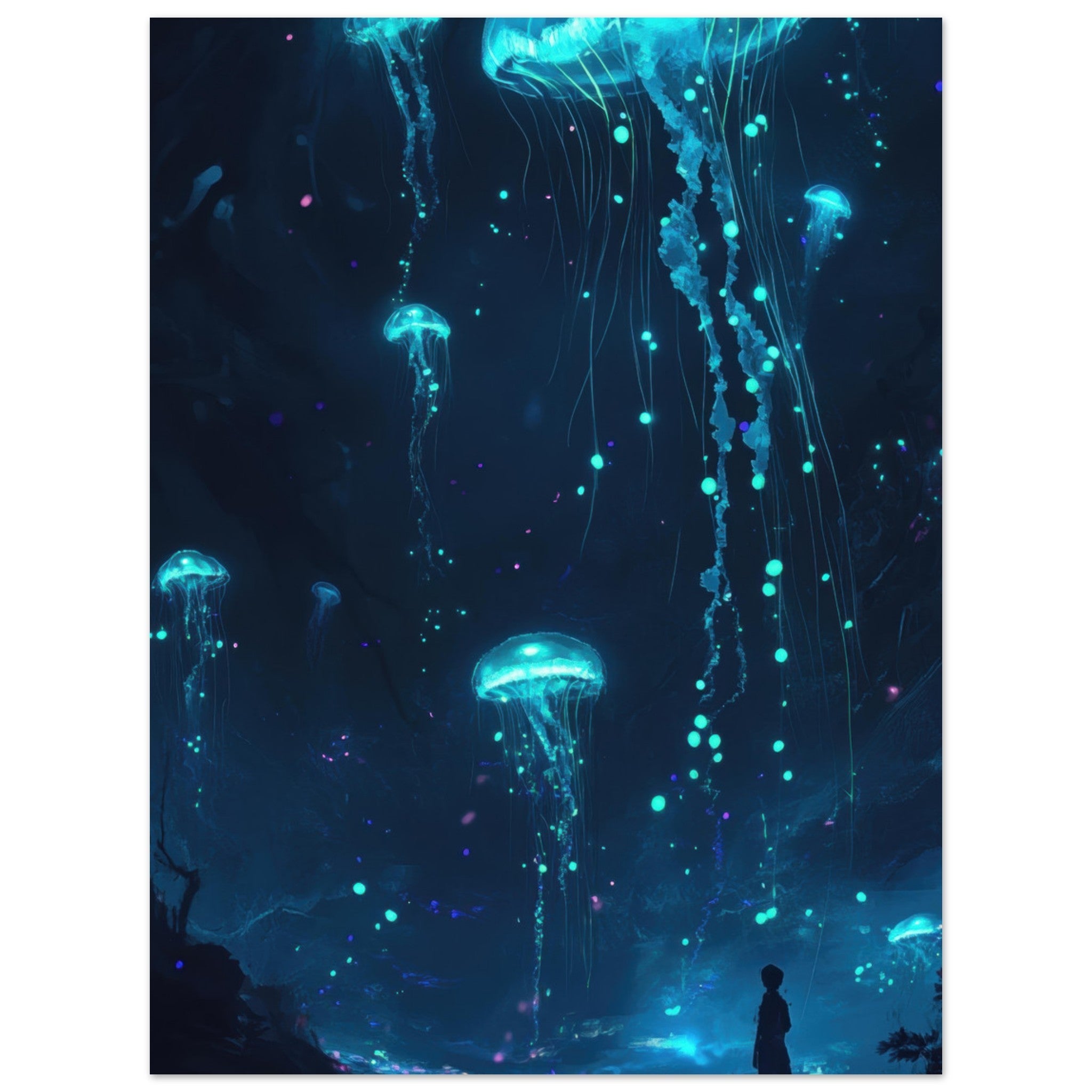 Aluminum Print Portrait - Glowing Bioluminescent Jellyfish in the Deep Tea - Shop Ai Art WebShop - Digital Art online Store