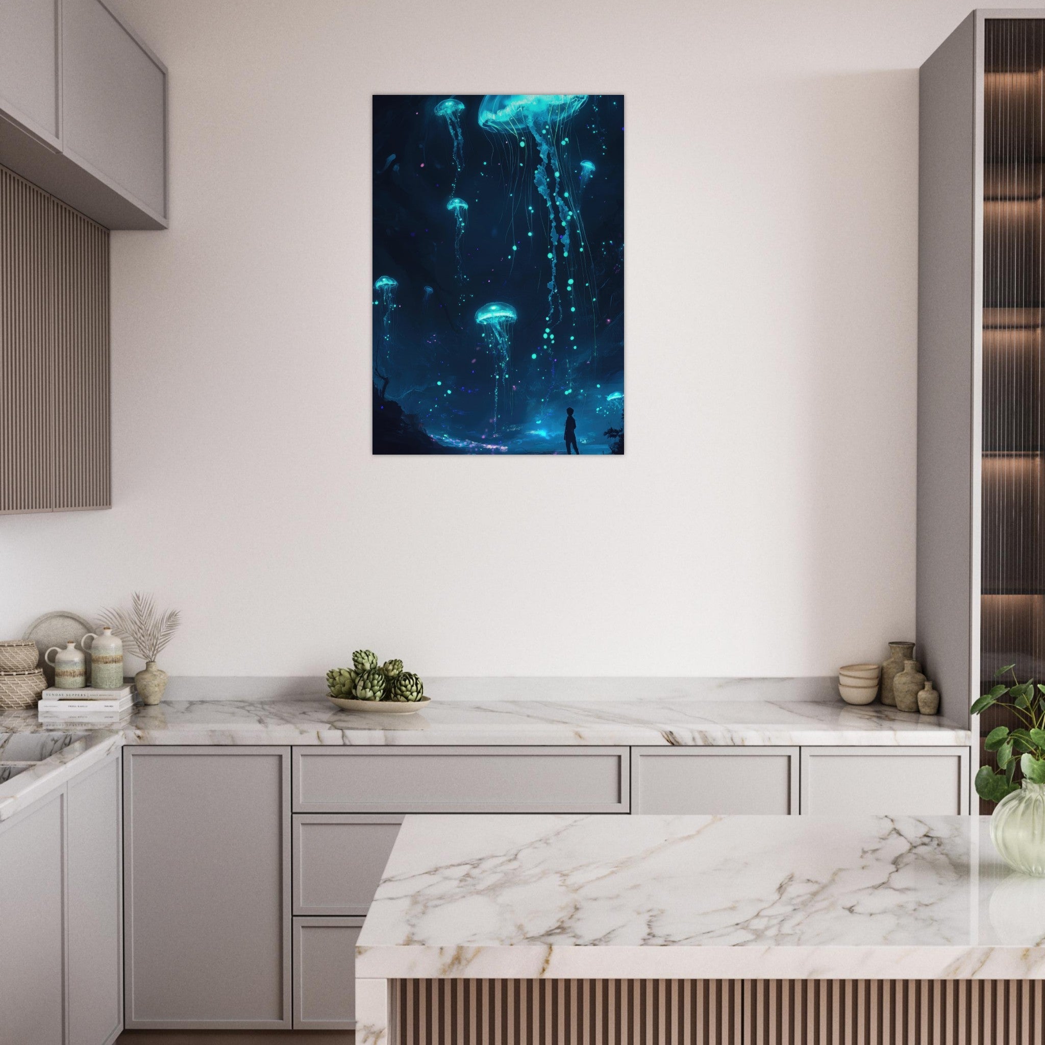 Aluminum Print Portrait - Glowing Bioluminescent Jellyfish in the Deep Tea - Shop Ai Art WebShop - Digital Art online Store