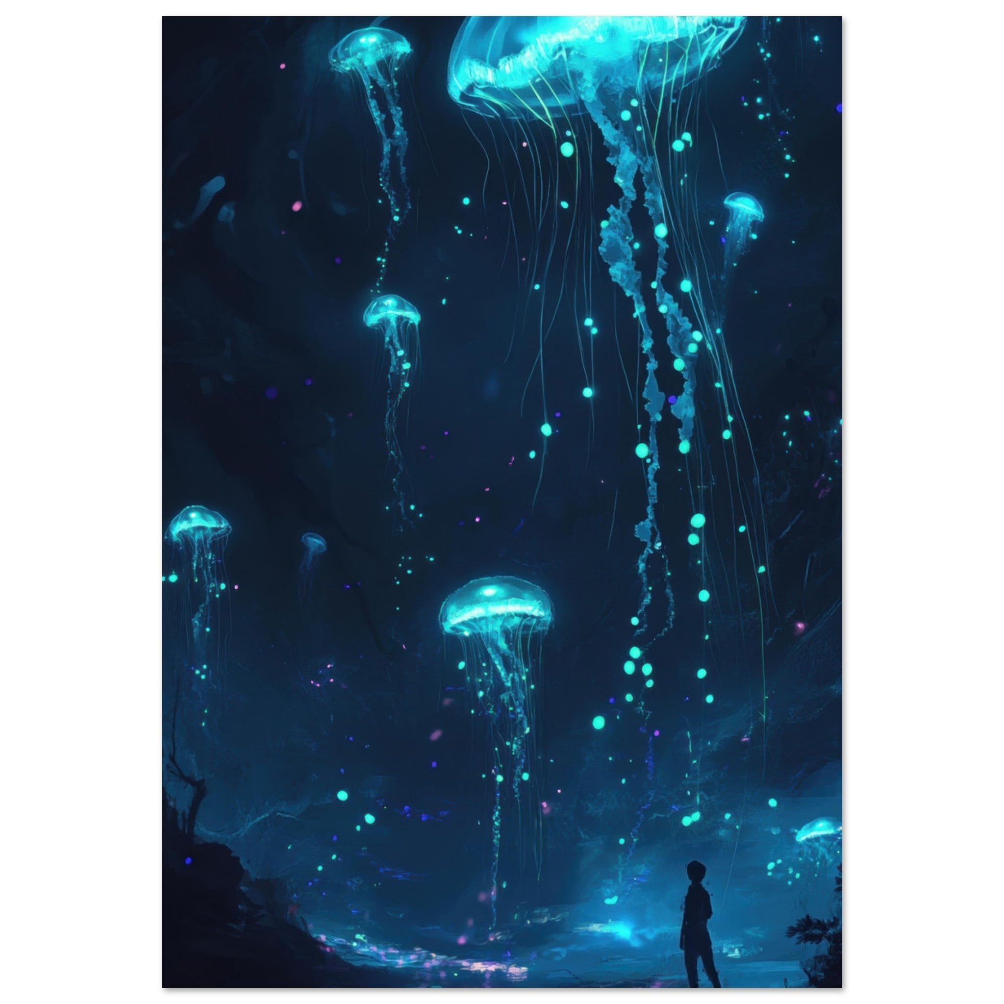 Aluminum Print Portrait - Glowing Bioluminescent Jellyfish in the Deep Tea - Shop Ai Art WebShop - Digital Art online Store