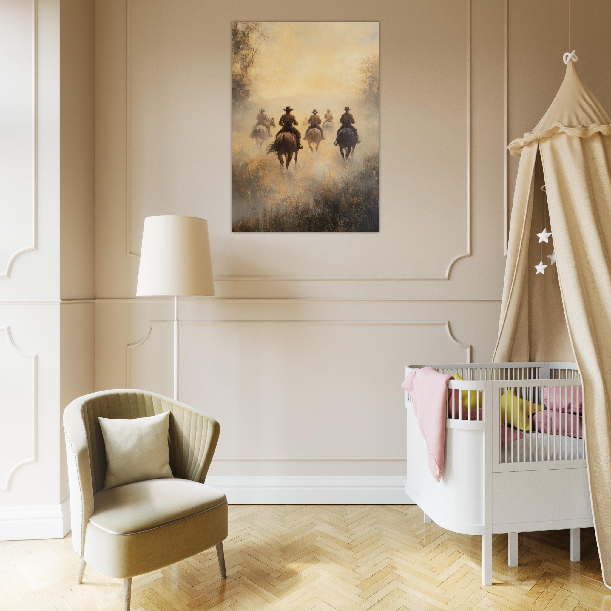 Aluminum Print Portrait - Horse Riders in the Morning Mist A group of else - Shop Ai Art WebShop - Digital Art online Store