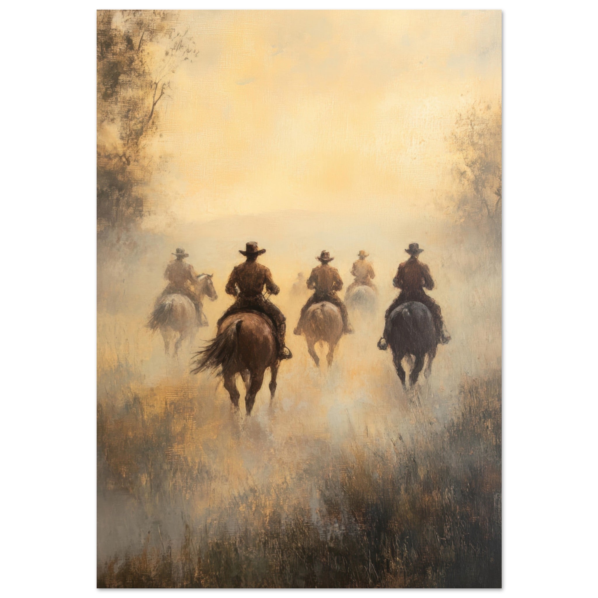 Aluminum Print Portrait - Horse Riders in the Morning Mist A group of else - Shop Ai Art WebShop - Digital Art online Store