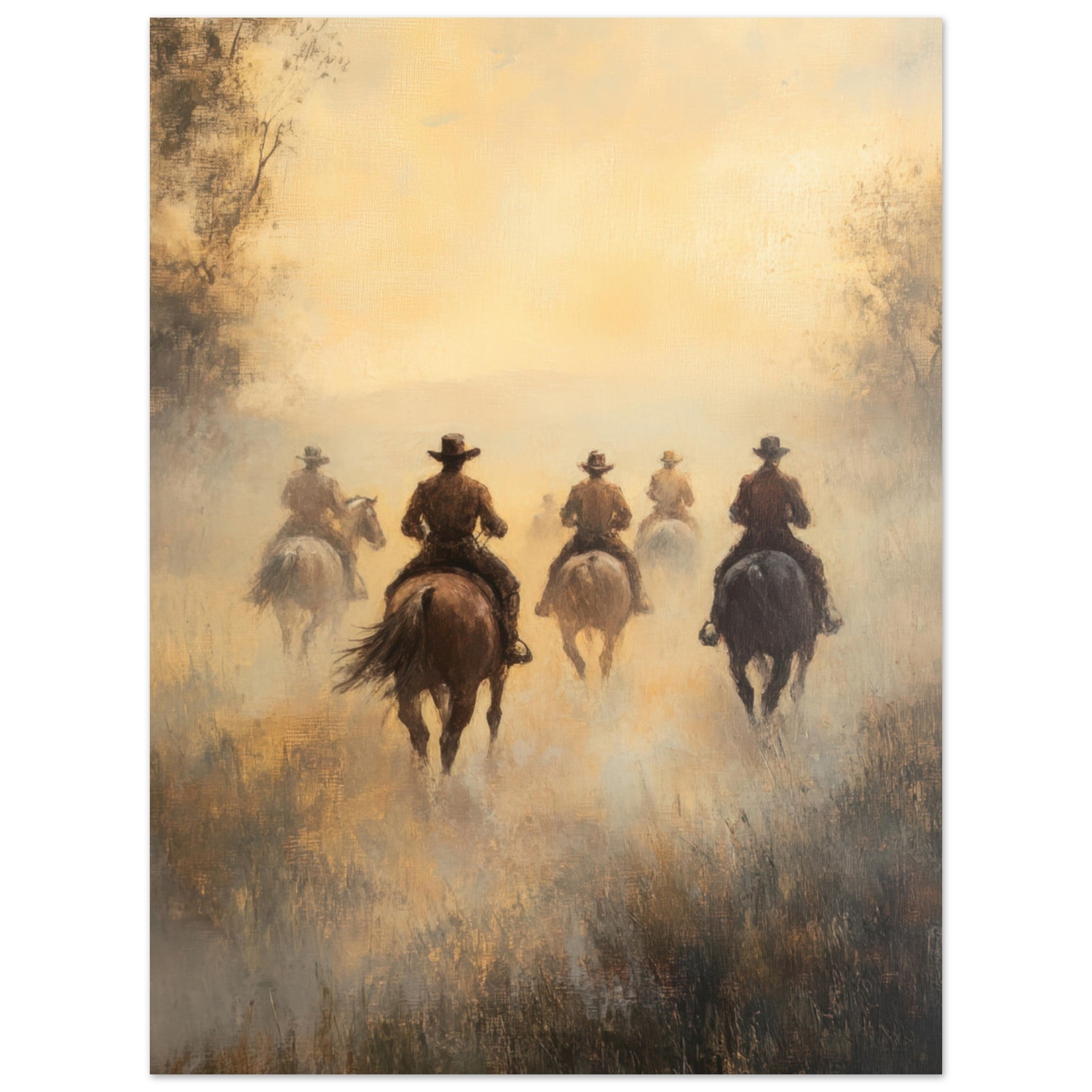 Aluminum Print Portrait - Horse Riders in the Morning Mist A group of else - Shop Ai Art WebShop - Digital Art online Store