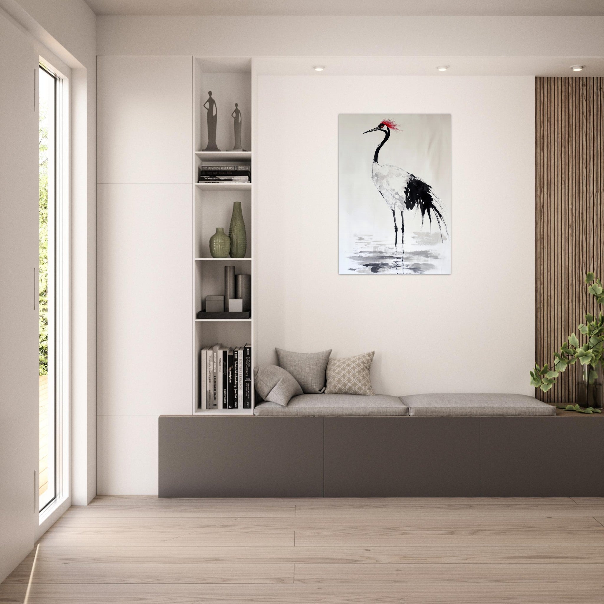 Aluminum Print Portrait - Japanese Ink Wash Painting of a Crane A graceful - Shop Ai Art WebShop - Digital Art online Store