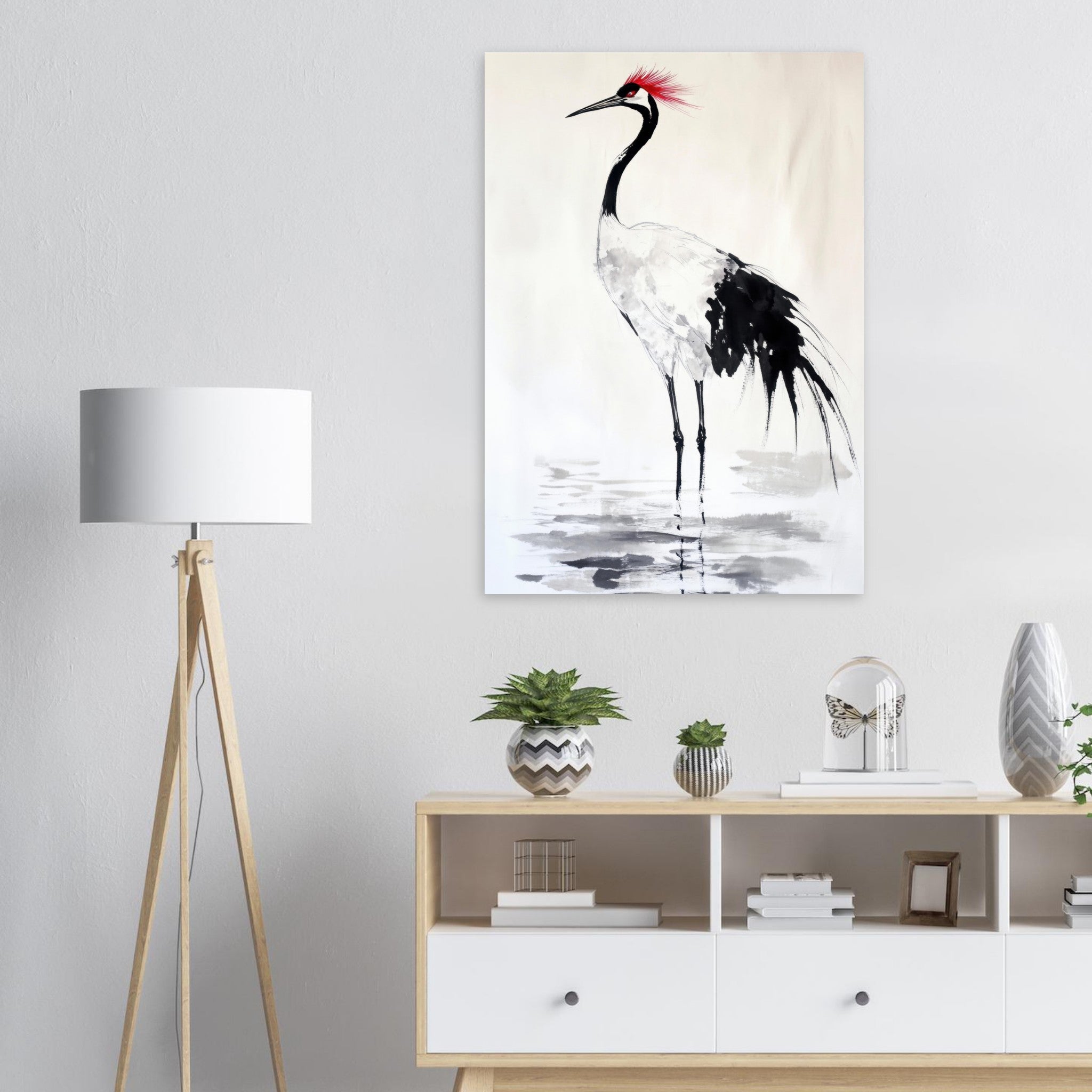 Aluminum Print Portrait - Japanese Ink Wash Painting of a Crane A graceful - Shop Ai Art WebShop - Digital Art online Store
