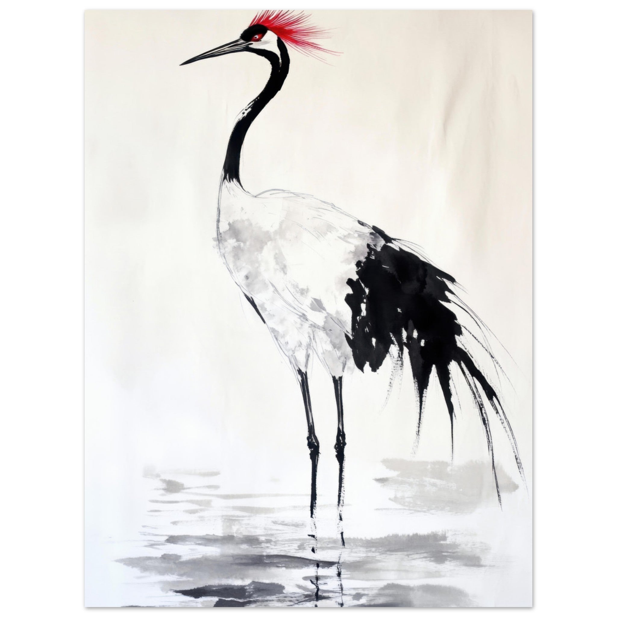 Aluminum Print Portrait - Japanese Ink Wash Painting of a Crane A graceful - Shop Ai Art WebShop - Digital Art online Store