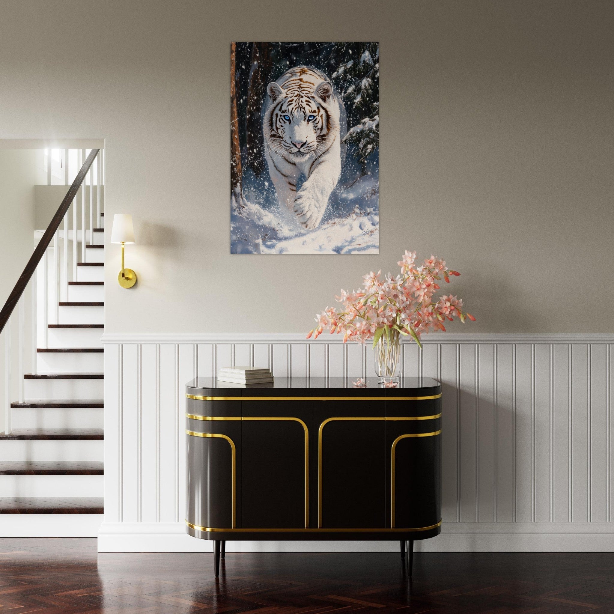 Aluminum Print Portrait - Majestic White Tiger in a Snowy Forest A powerful 3 - Shop Ai Art WebShop - Digital Art online Store