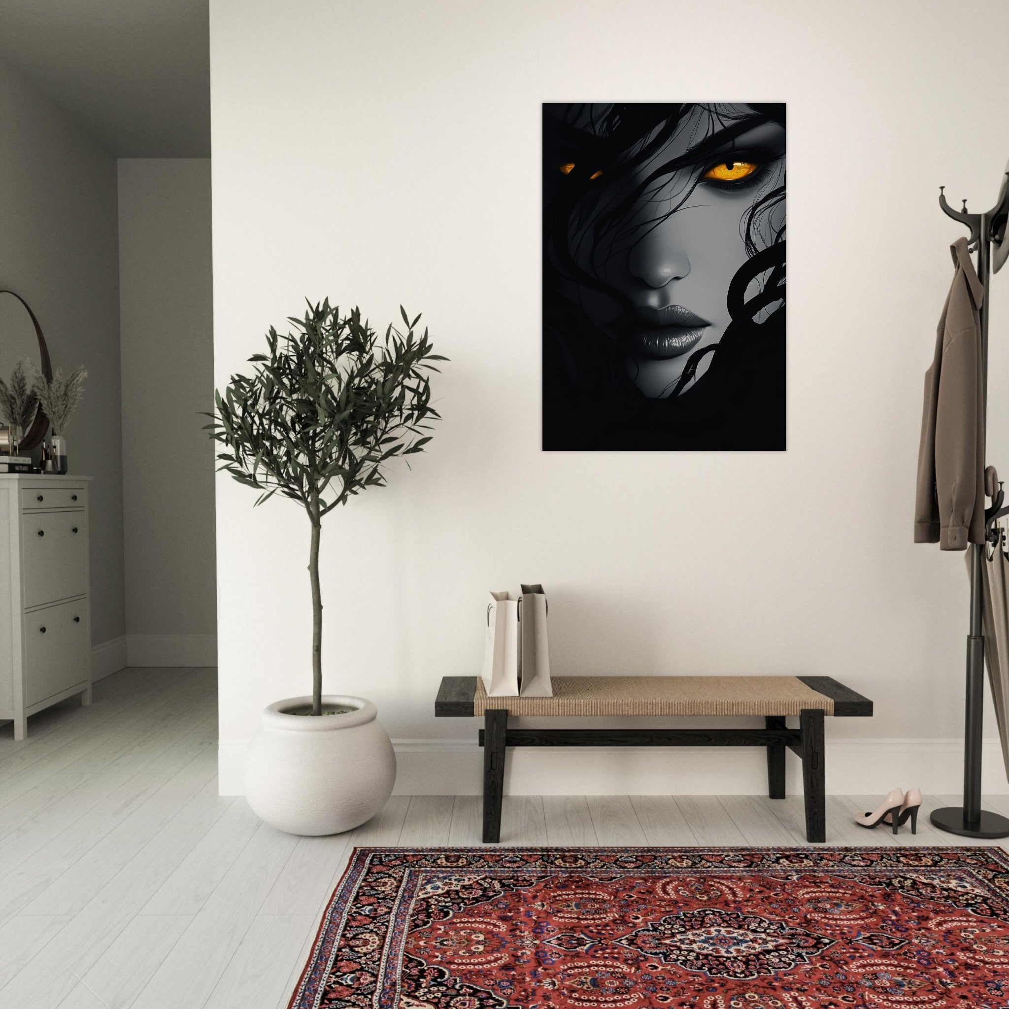 Aluminum Print Portrait - Minimalist Medusas Gaze Minimalism Tight - Focus 2 - Shop Ai Art WebShop - Digital Art online Store