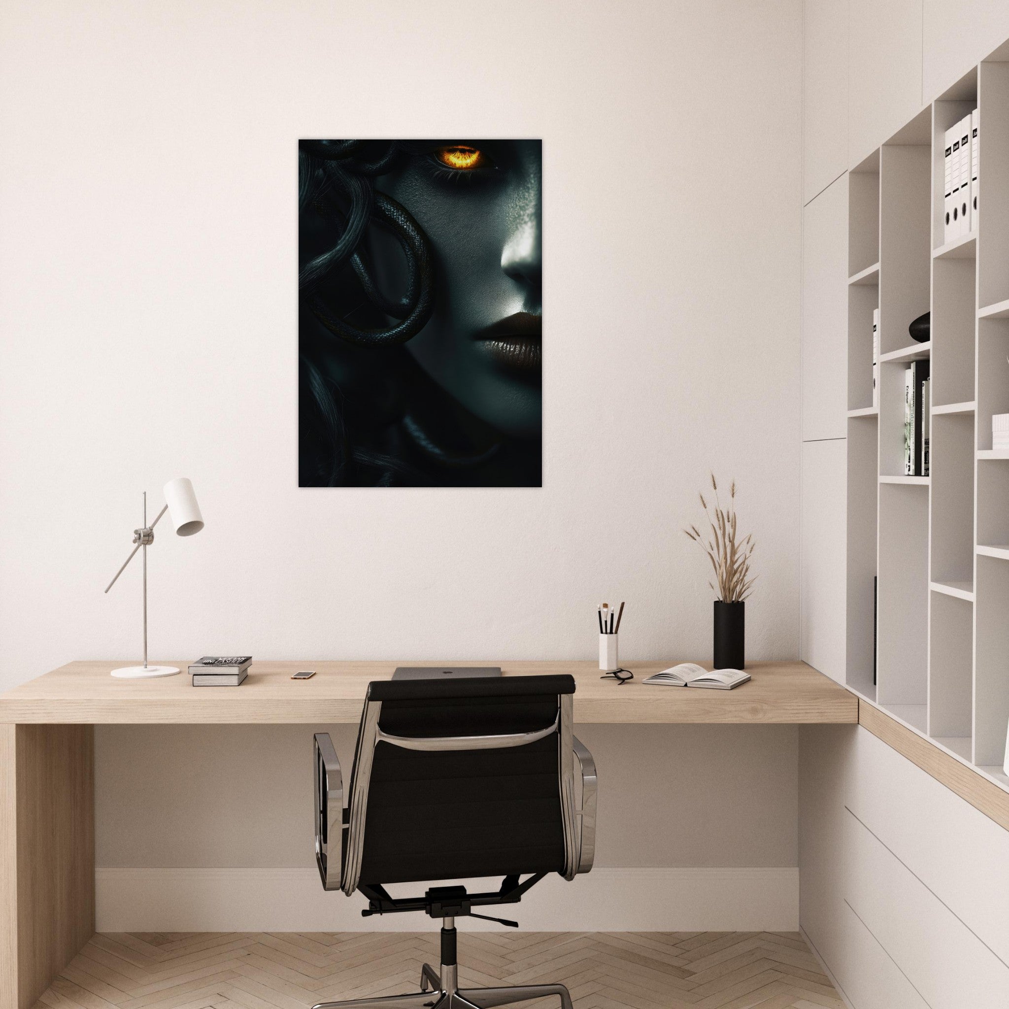Aluminum Print Portrait - Minimalist Medusas Gaze Minimalism Tight - Focus - Shop Ai Art WebShop - Digital Art online Store