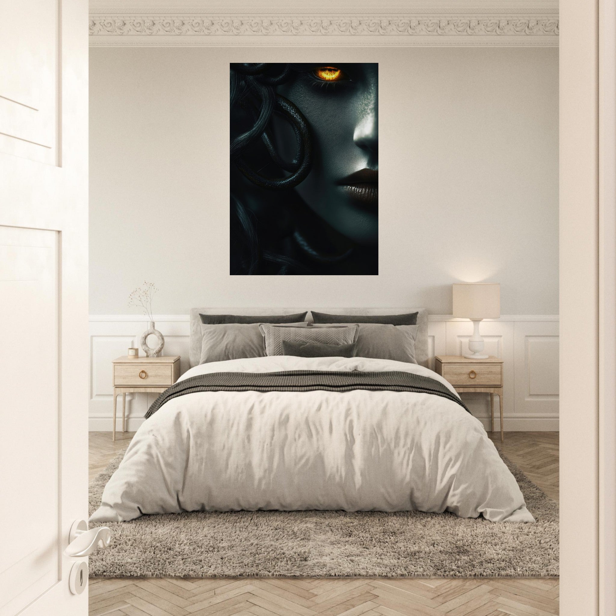 Aluminum Print Portrait - Minimalist Medusas Gaze Minimalism Tight - Focus - Shop Ai Art WebShop - Digital Art online Store