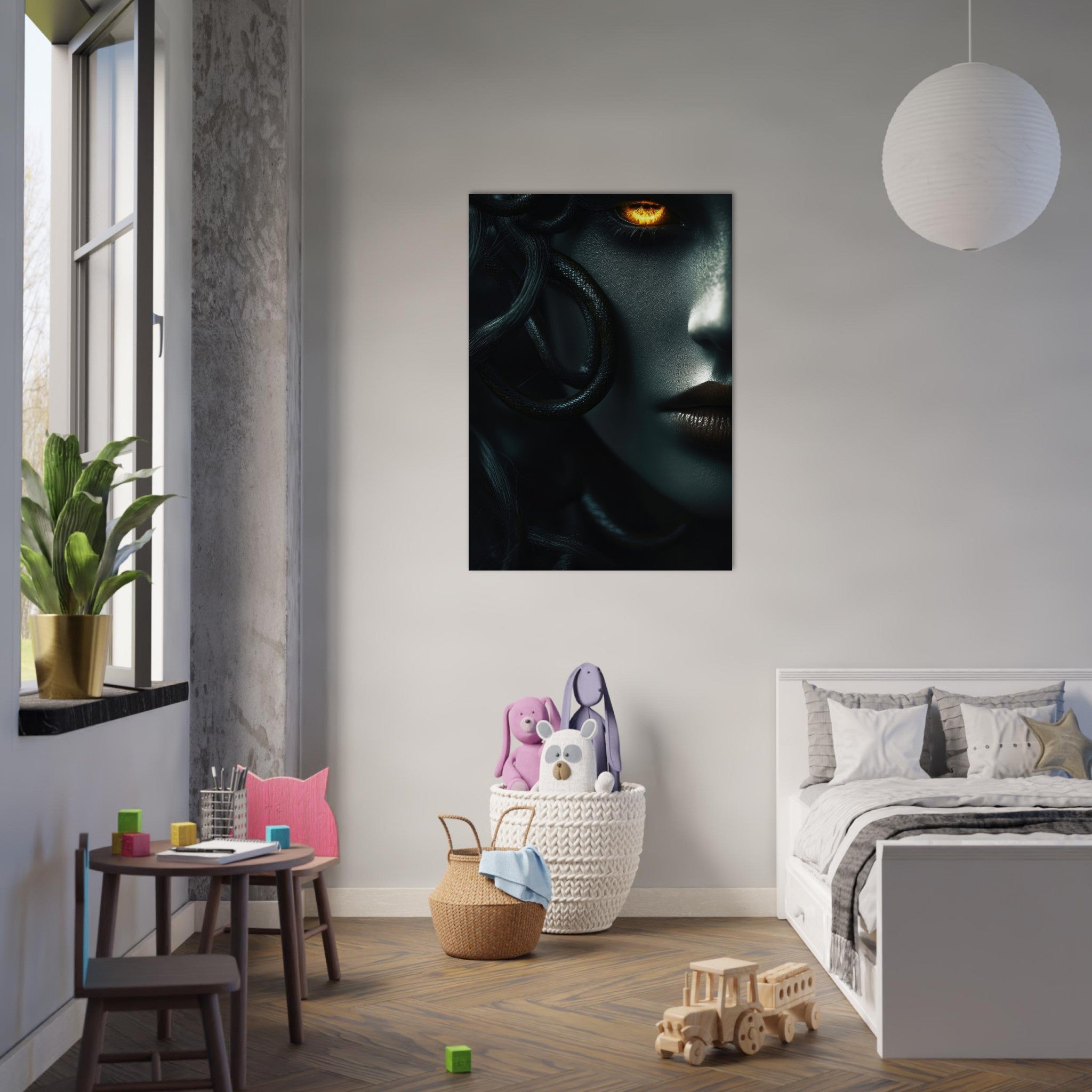 Aluminum Print Portrait - Minimalist Medusas Gaze Minimalism Tight - Focus - Shop Ai Art WebShop - Digital Art online Store