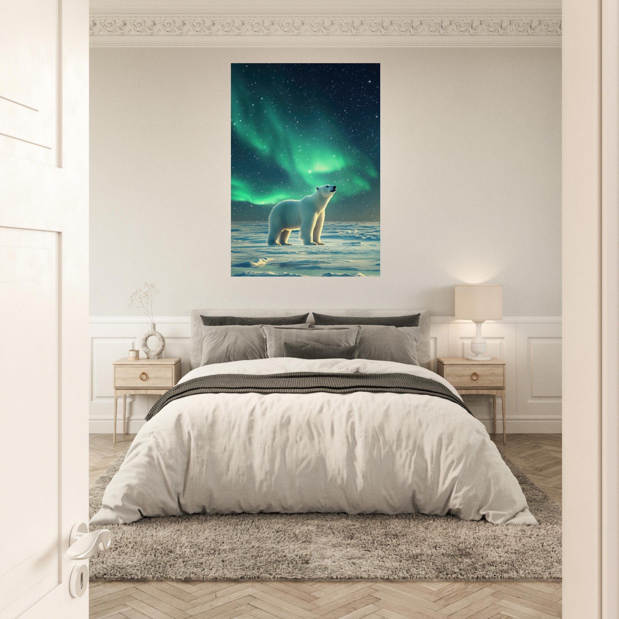 Aluminum Print Portrait - Polar Bear Under the Aurora Borealis A solitary 3 - Shop Ai Art WebShop - Digital Art online Store