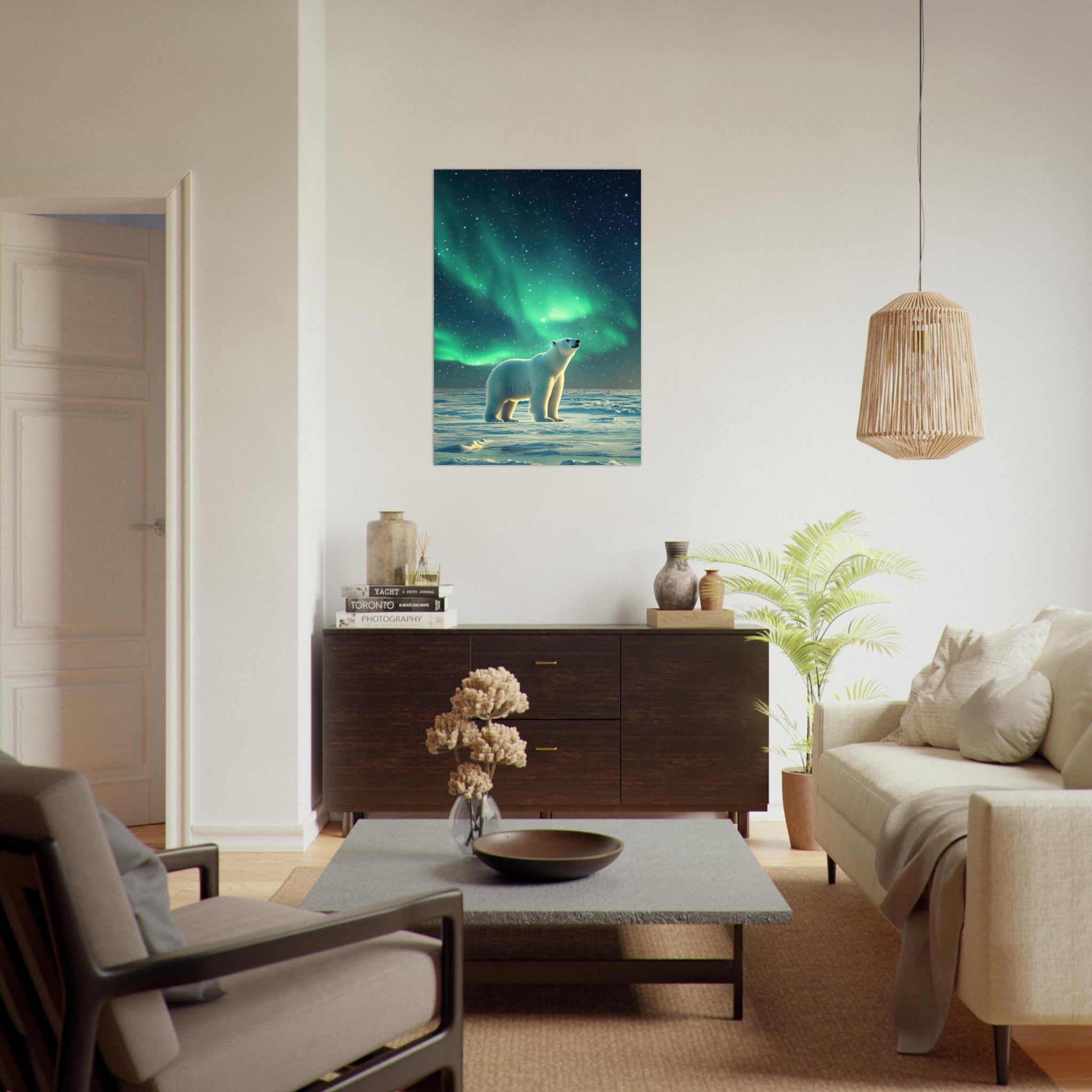 Aluminum Print Portrait - Polar Bear Under the Aurora Borealis A solitary 3 - Shop Ai Art WebShop - Digital Art online Store