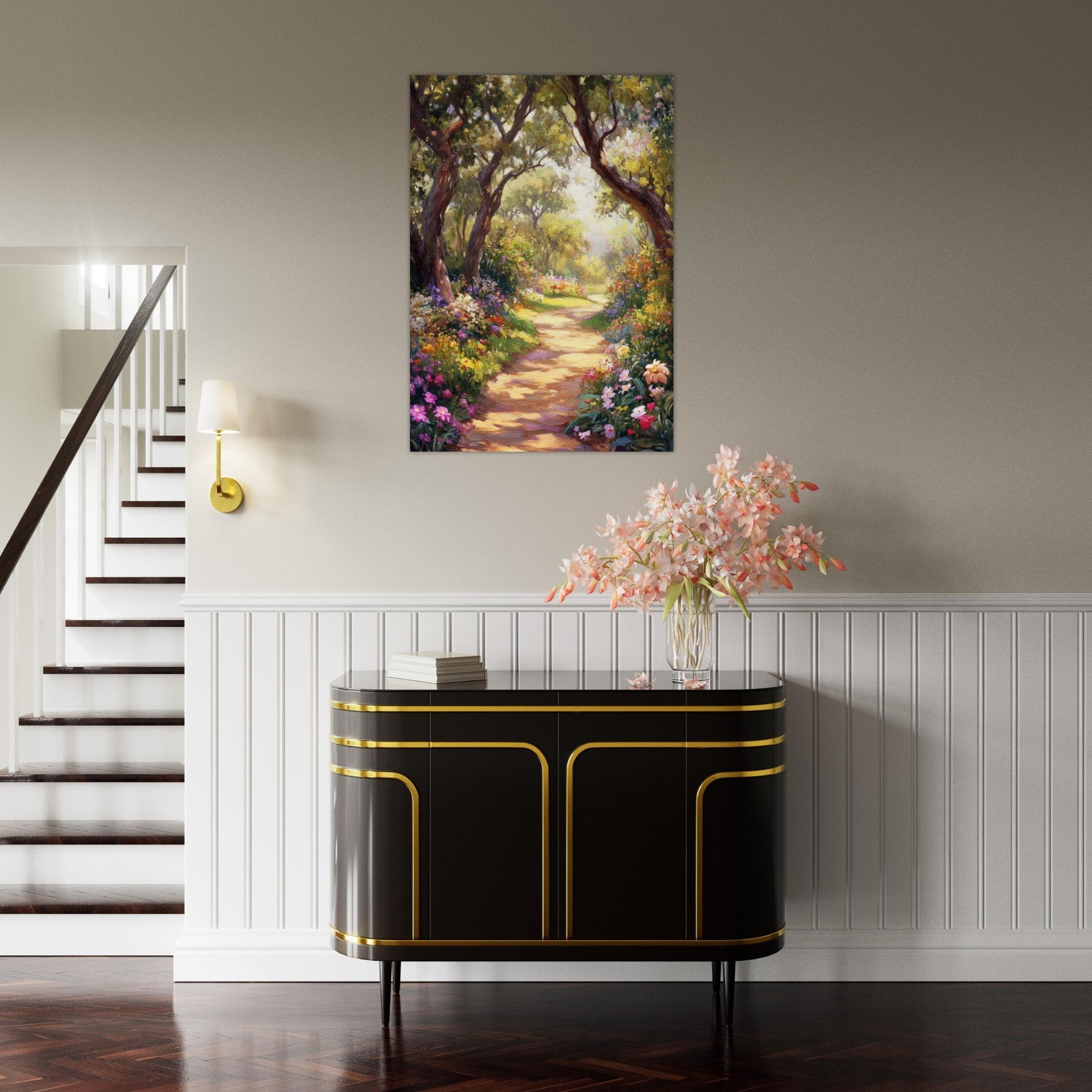 Aluminum Print Portrait - Sunlit Garden Path A meandering pathway through 2 - Shop Ai Art WebShop - Digital Art online Store