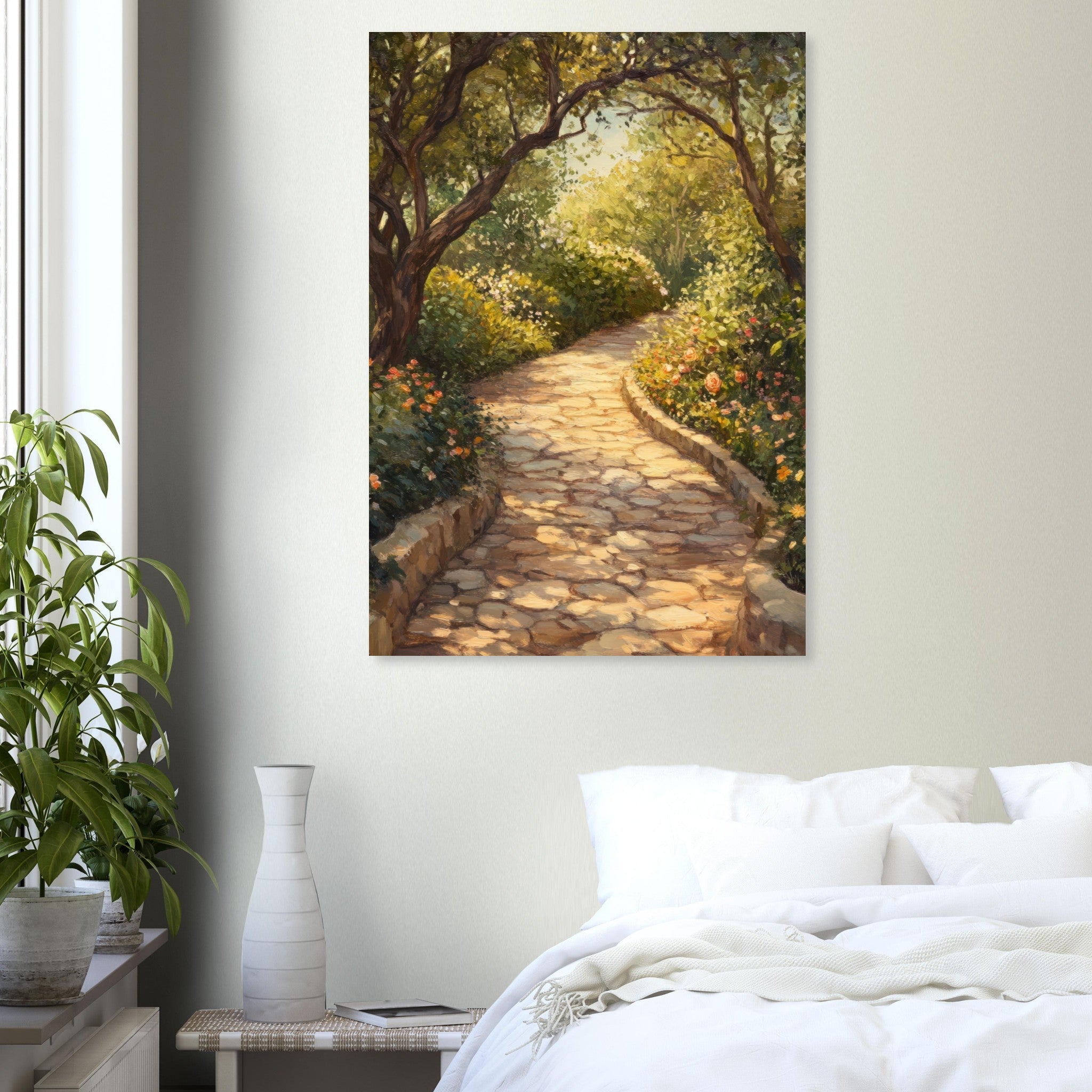 Aluminum Print Portrait - Sunlit Garden Path A meandering pathway through - Shop Ai Art WebShop - Digital Art online Store