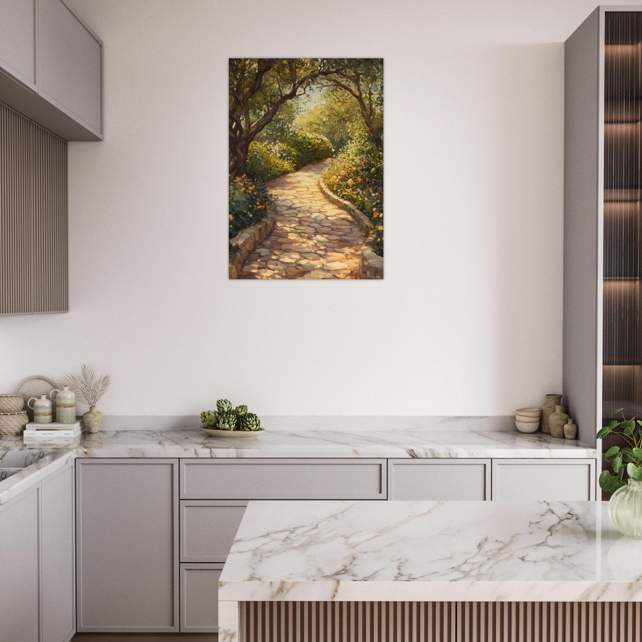 Aluminum Print Portrait - Sunlit Garden Path A meandering pathway through - Shop Ai Art WebShop - Digital Art online Store