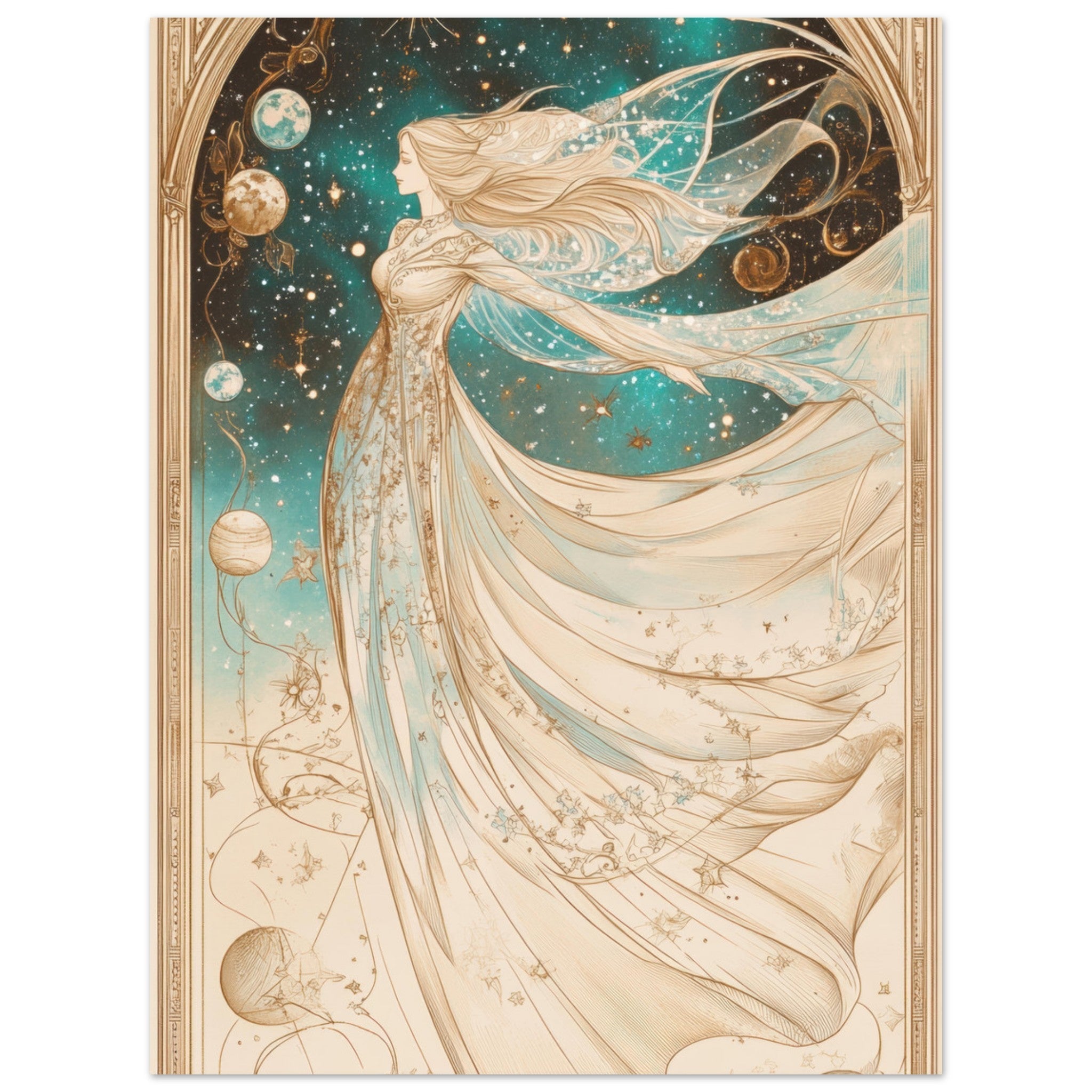 Aluminum Print Portrait - The Cosmic Muse A hand - drawn illustration 2 - Shop Ai Art WebShop - Digital Art online Store