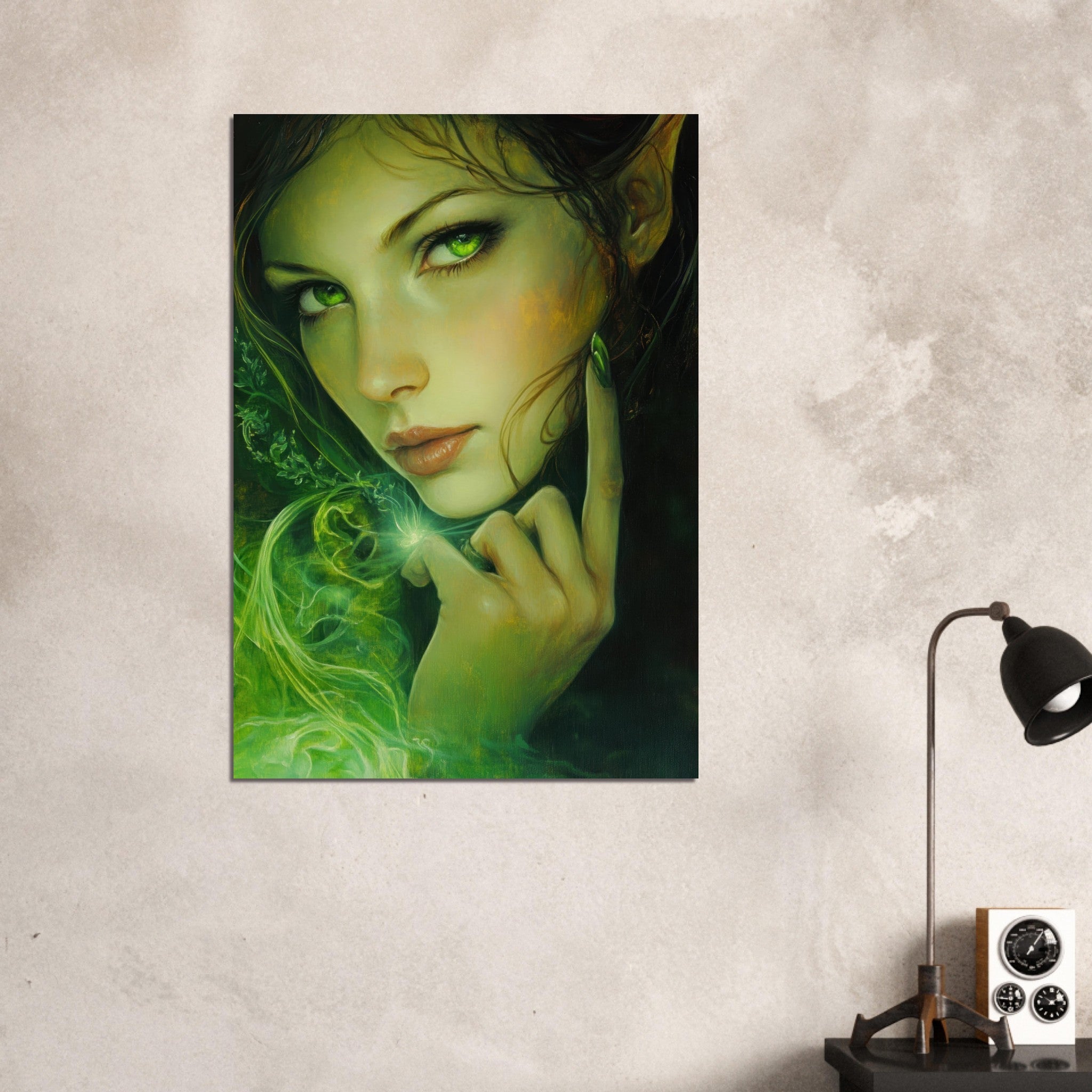 Aluminum Print Portrait - The Fae Sorceress of the Emerald Woods Oil Faint - Shop Ai Art WebShop - Digital Art online Store