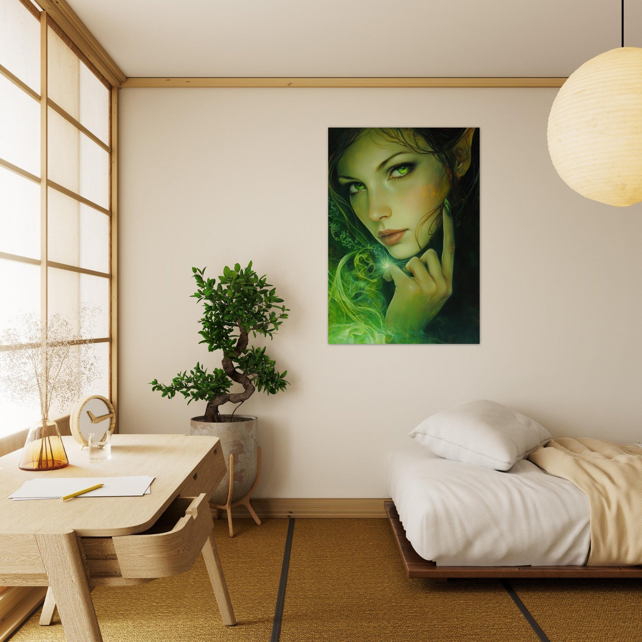Aluminum Print Portrait - The Fae Sorceress of the Emerald Woods Oil Faint - Shop Ai Art WebShop - Digital Art online Store