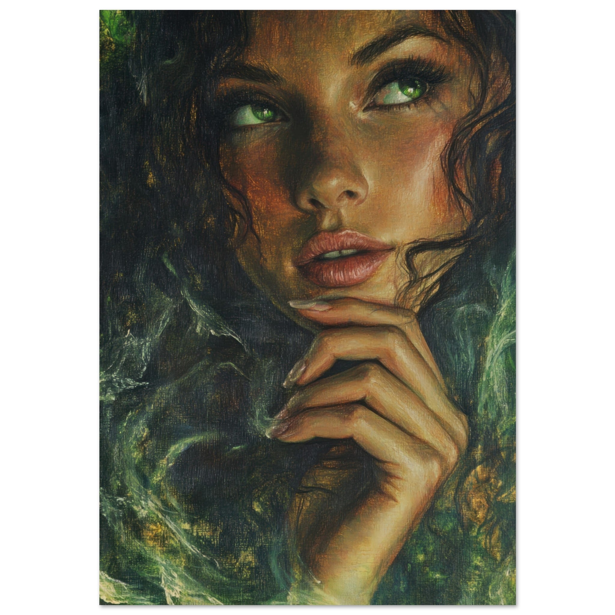 Aluminum Print Portrait - The Fae Sorceress of the Emerald Woods Oil Faint 3 - Shop Ai Art WebShop - Digital Art online Store