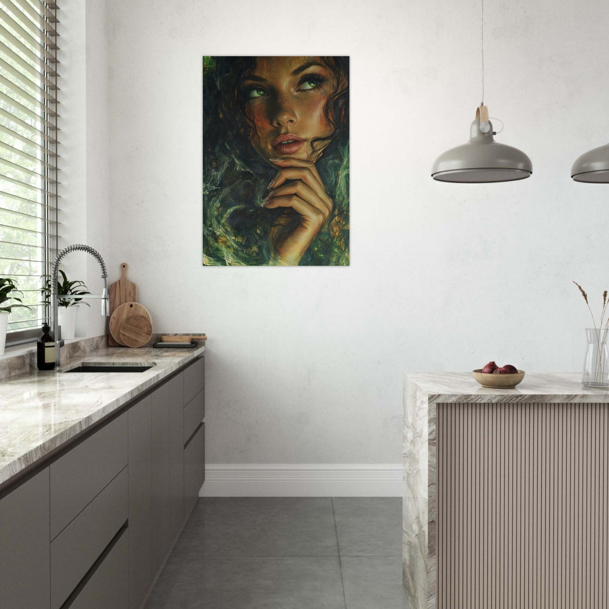 Aluminum Print Portrait - The Fae Sorceress of the Emerald Woods Oil Faint 3 - Shop Ai Art WebShop - Digital Art online Store