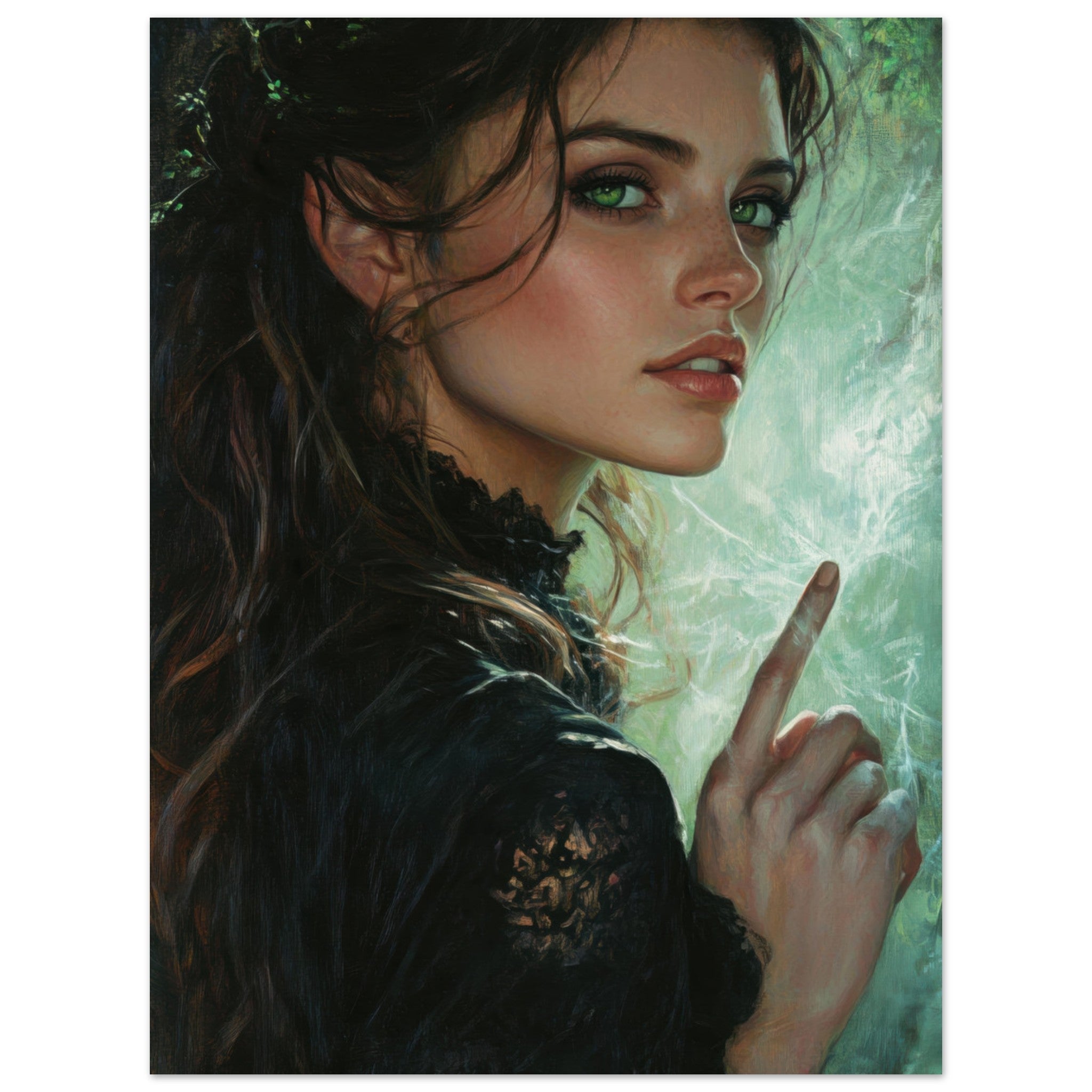 Aluminum Print Portrait - The Fae Sorceress of the Emerald Woods Oil Faint 6 - Ai Art Force