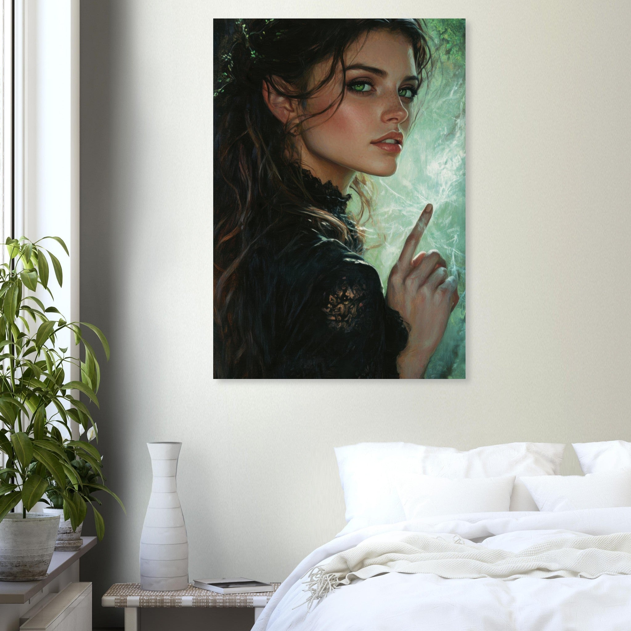 Aluminum Print Portrait - The Fae Sorceress of the Emerald Woods Oil Faint 6 - Ai Art Force